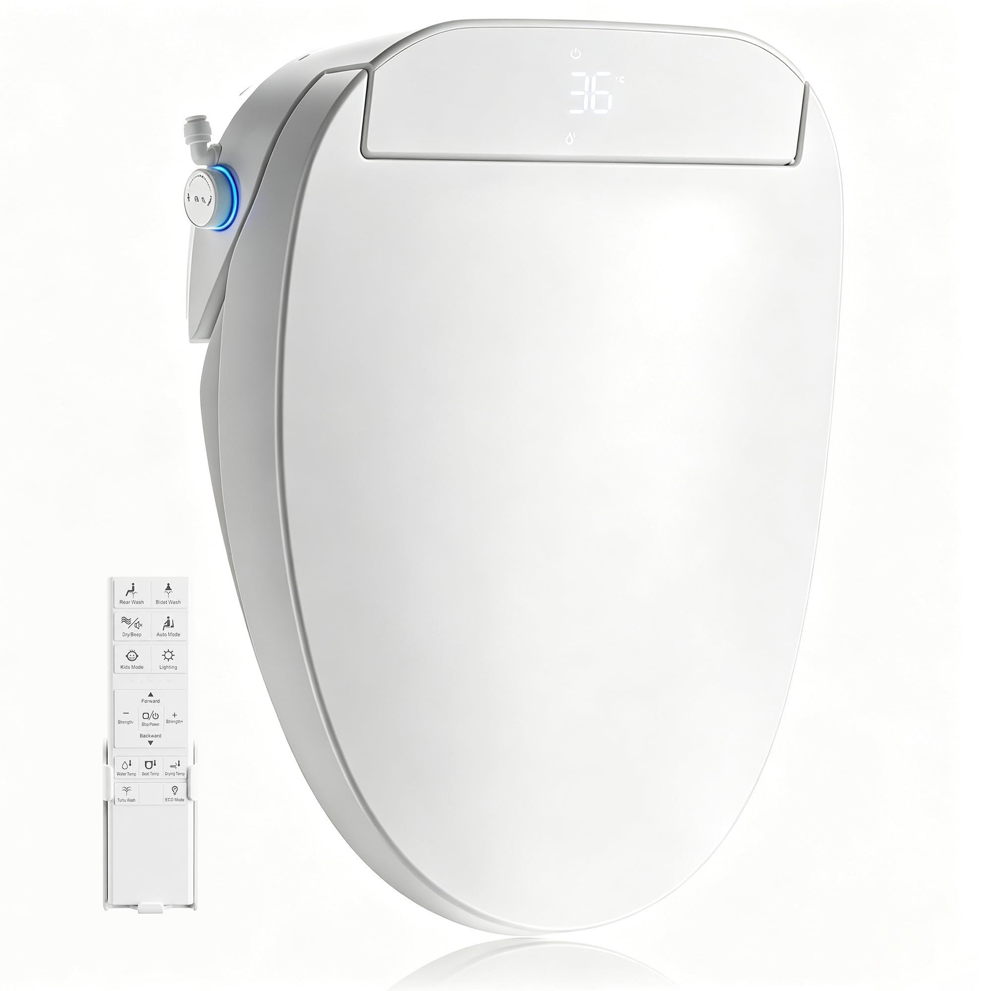 ZMJH Assento sanitário alongado de bidê com água morna_Assento aquecido e tela inteligente de fechamento suave. Controle remoto sem fio. Bocal ajustável e pressão de água | Branco._Assento de