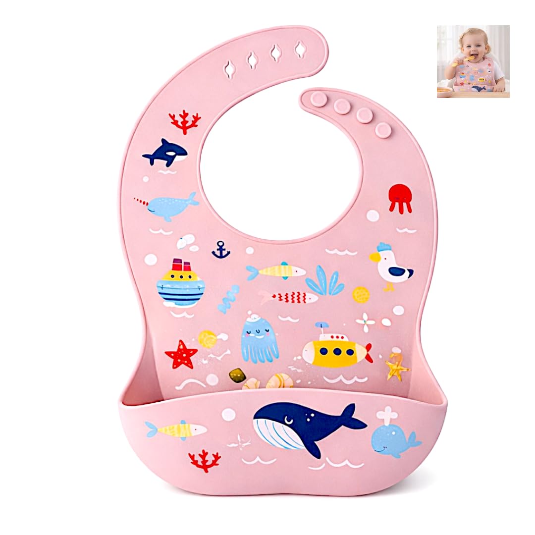 Babador Infantil de Silicone com Bolso, Estampa de Animais Marinhos, 29 x 22cm