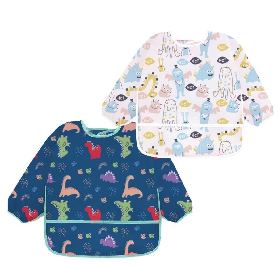 Kit 2 Babador Manga Longa Impermeável Bebê Dino Monstro Azul Cuidado Segurança Proteção Bebê Neném Introdução Alimentar Infantil