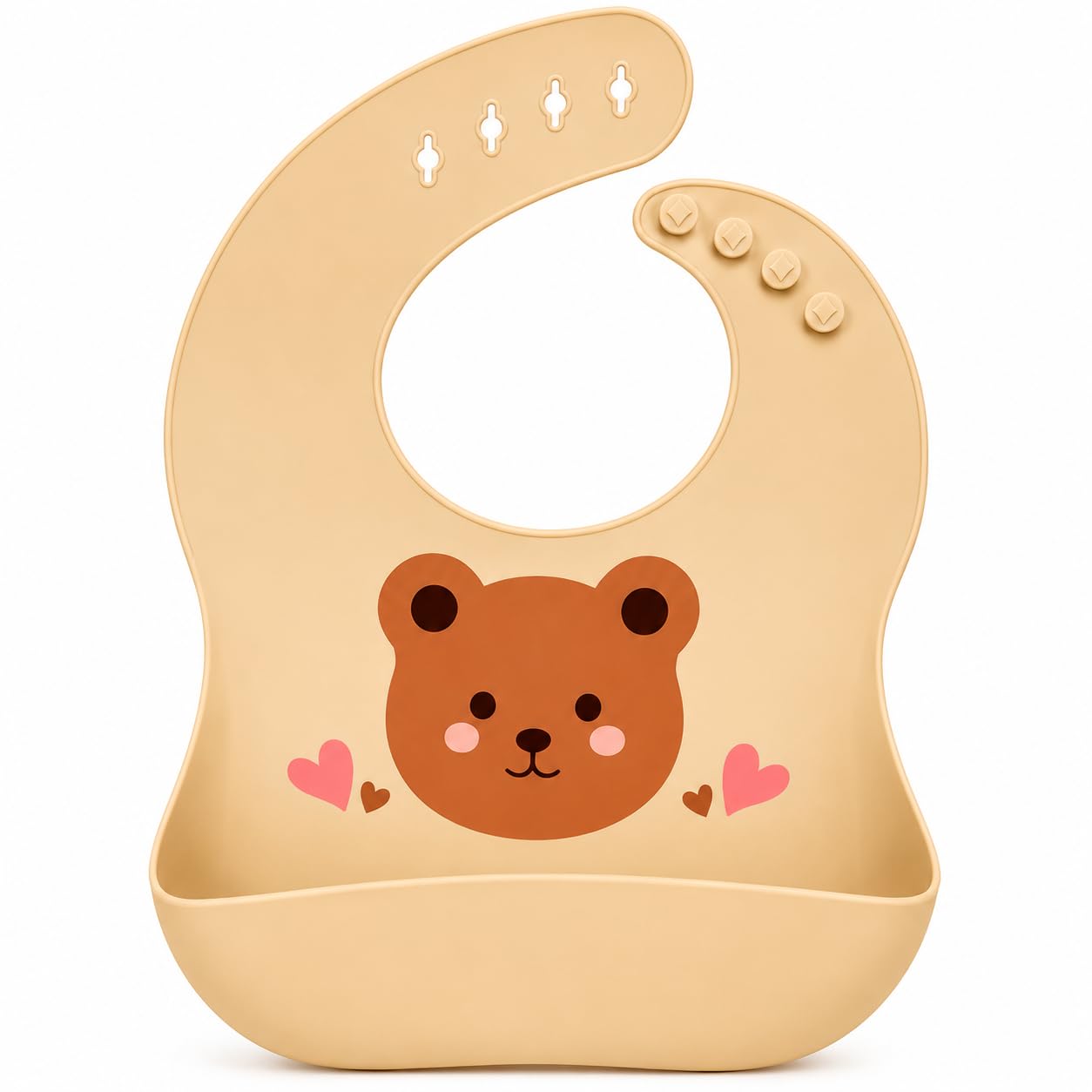 Babador de Silicone para Bebê, com Coletor de Alimentos, Ajustável, Impermeável, BPA Free, Fácil de Limpar, Urso Pardo