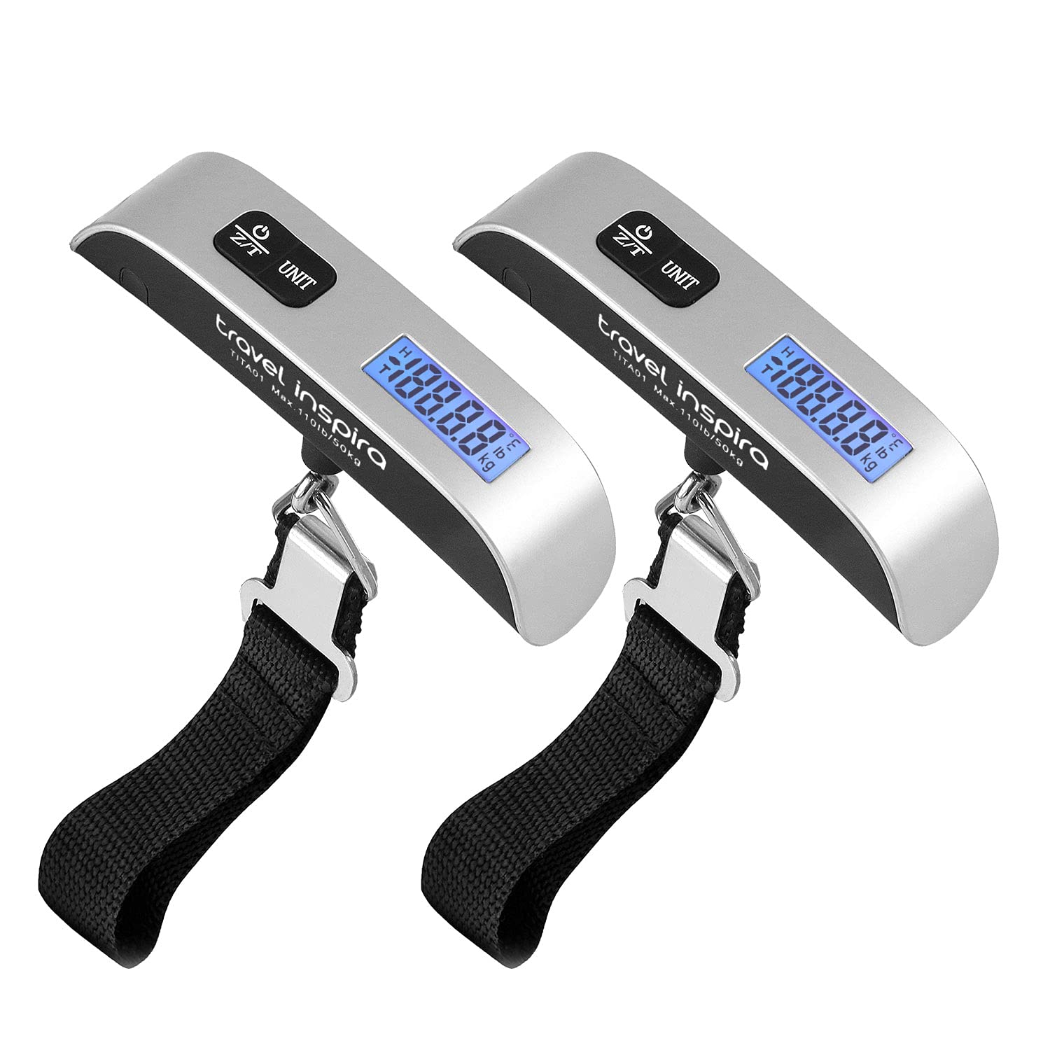 Balança de Bagagem Travel Inspira - Digital Portátil para Viagens, Peso de Mala com Revestimento de Borracha, 50kg - Prata - 2 Peças