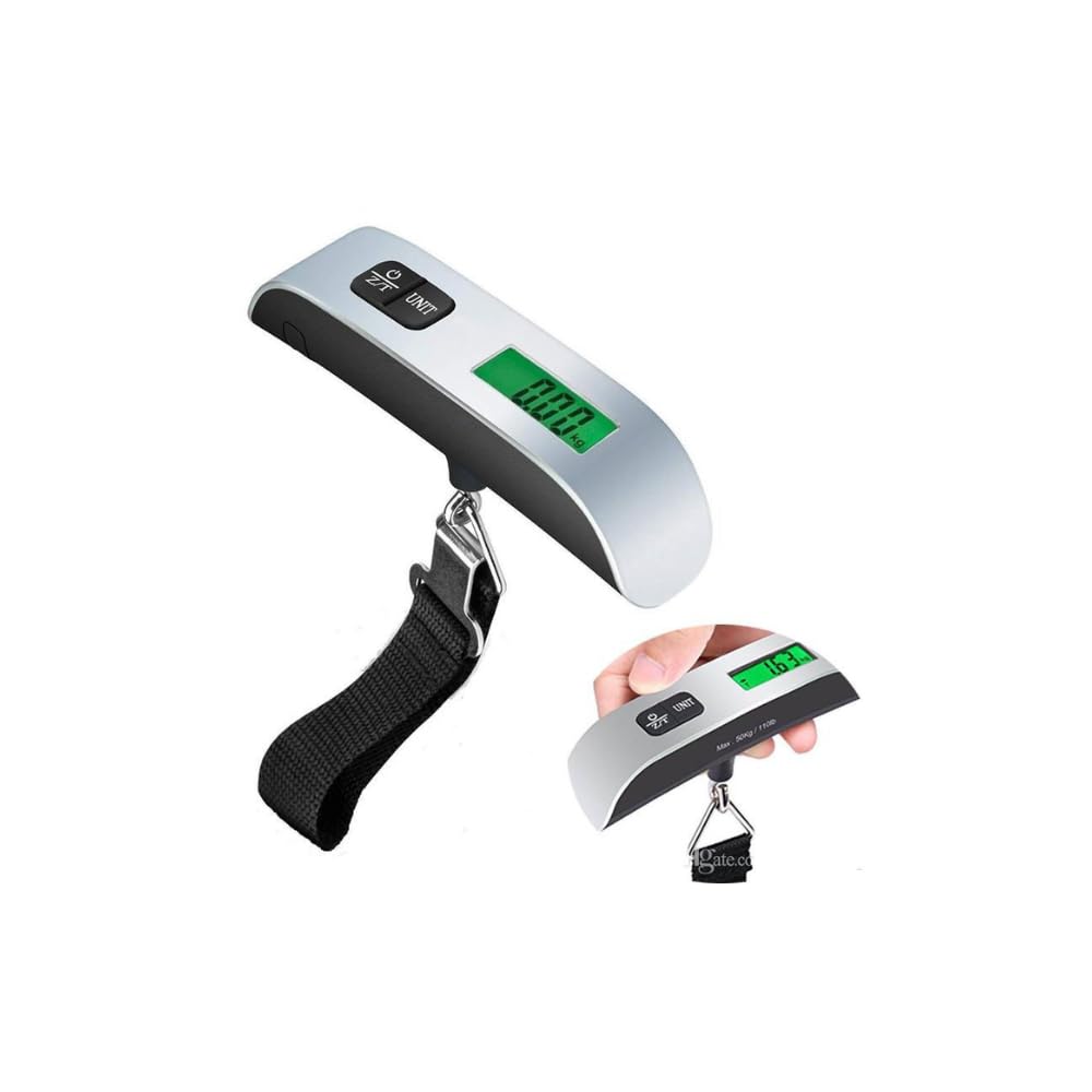 Balança Digital de Mala e Bagagem até 50kg - Evite Multas por Excesso de Peso - Gancho em Aço Inox, Visor LCD Iluminado e Bateria Inclusa - Portátil para Viagens, Prata preto