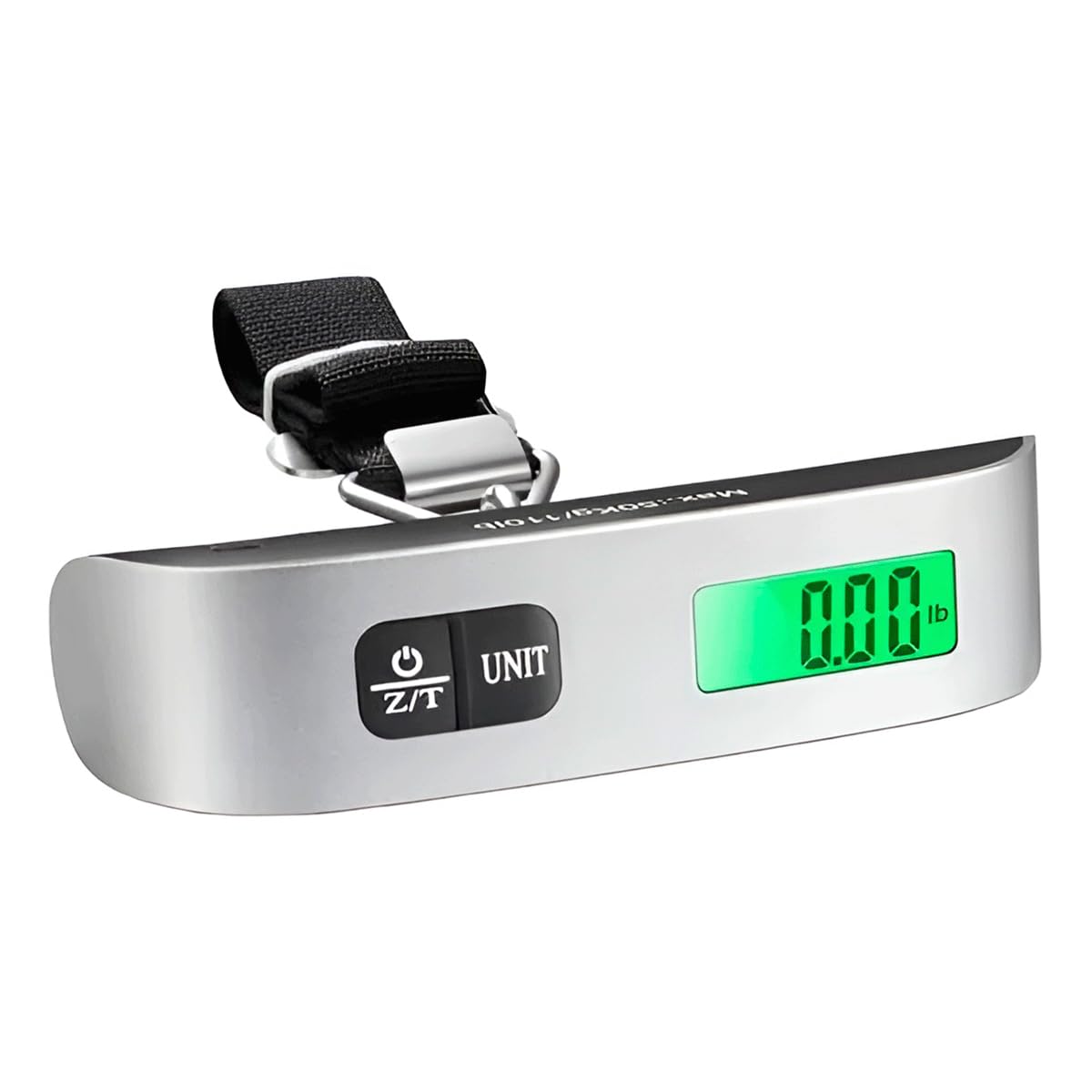 Balança Digital Portátil para Bagagem, LCD Display, Capacidade 50kg, ABS, Cinza, com Alça de Nylon, 13x3x4cm