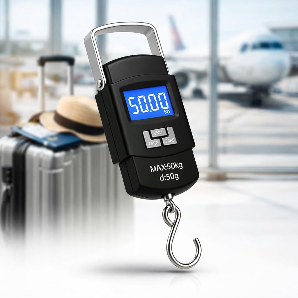 Balança Digital Portátil Premium 50kg Alta Precisão LCD Azul Alça Aço Bagagem Viagem Pesca