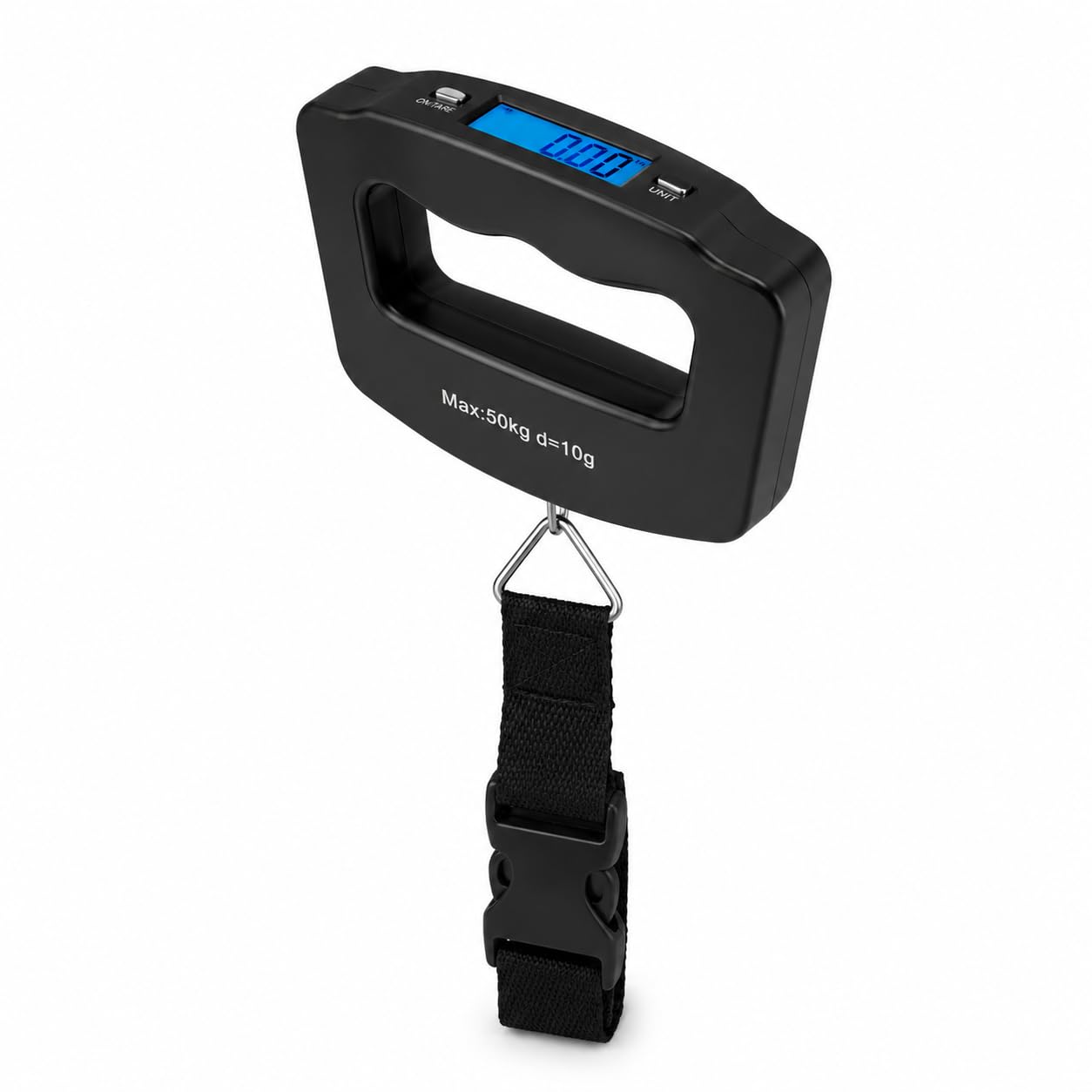 Balança Digital de Mão Portátil 50kg com Visor LCD Azul, Alta Precisão, Unidades g/kg/oz/lb, Alça em Aço e Fita para Bagagem, Mala, Viagem e Pesca
