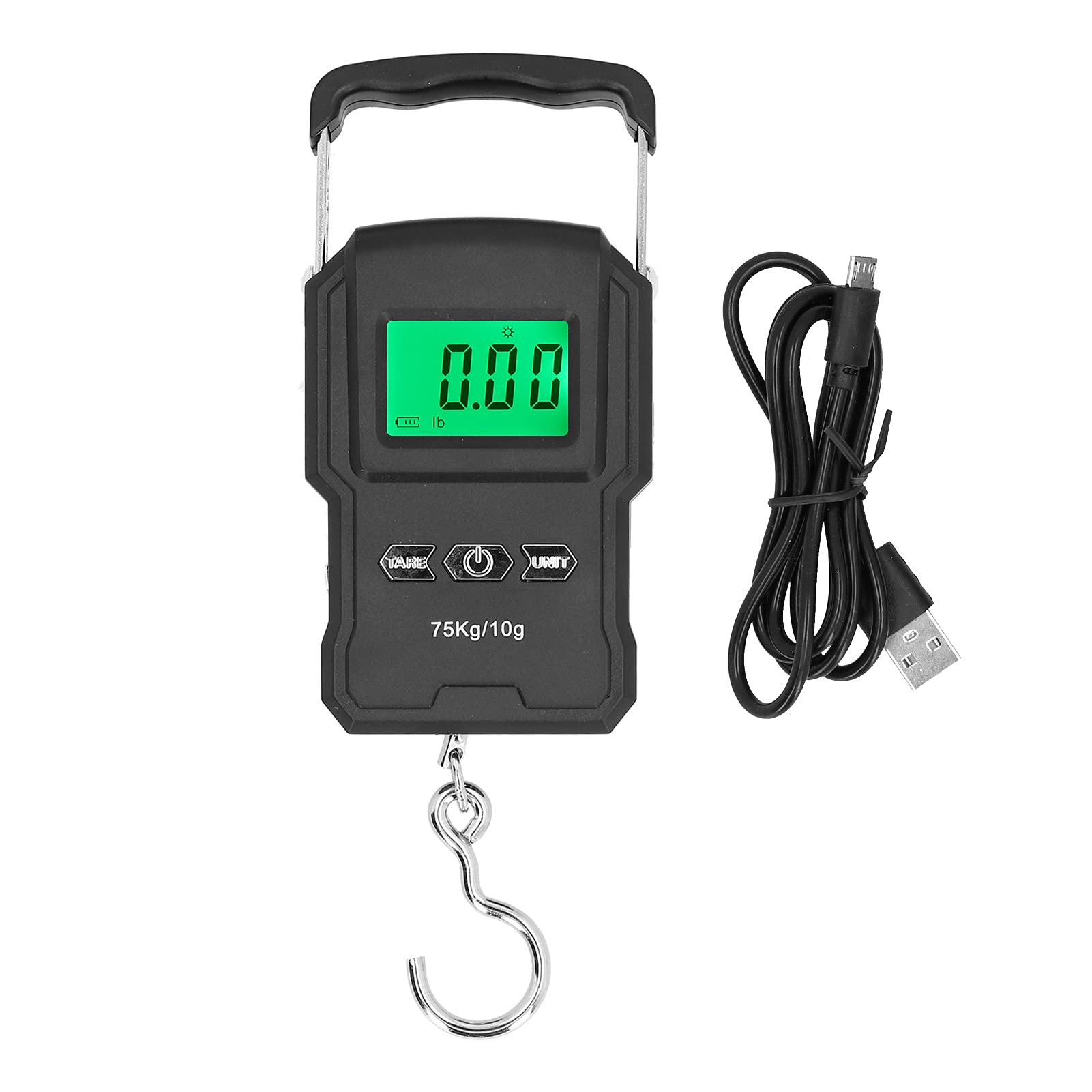 Balança digital de bagagem de 75 kg com fita métrica embutida, balança suspensa portátil recarregável para malas e encomendas, gancho de aço inoxidável, alça revestida de