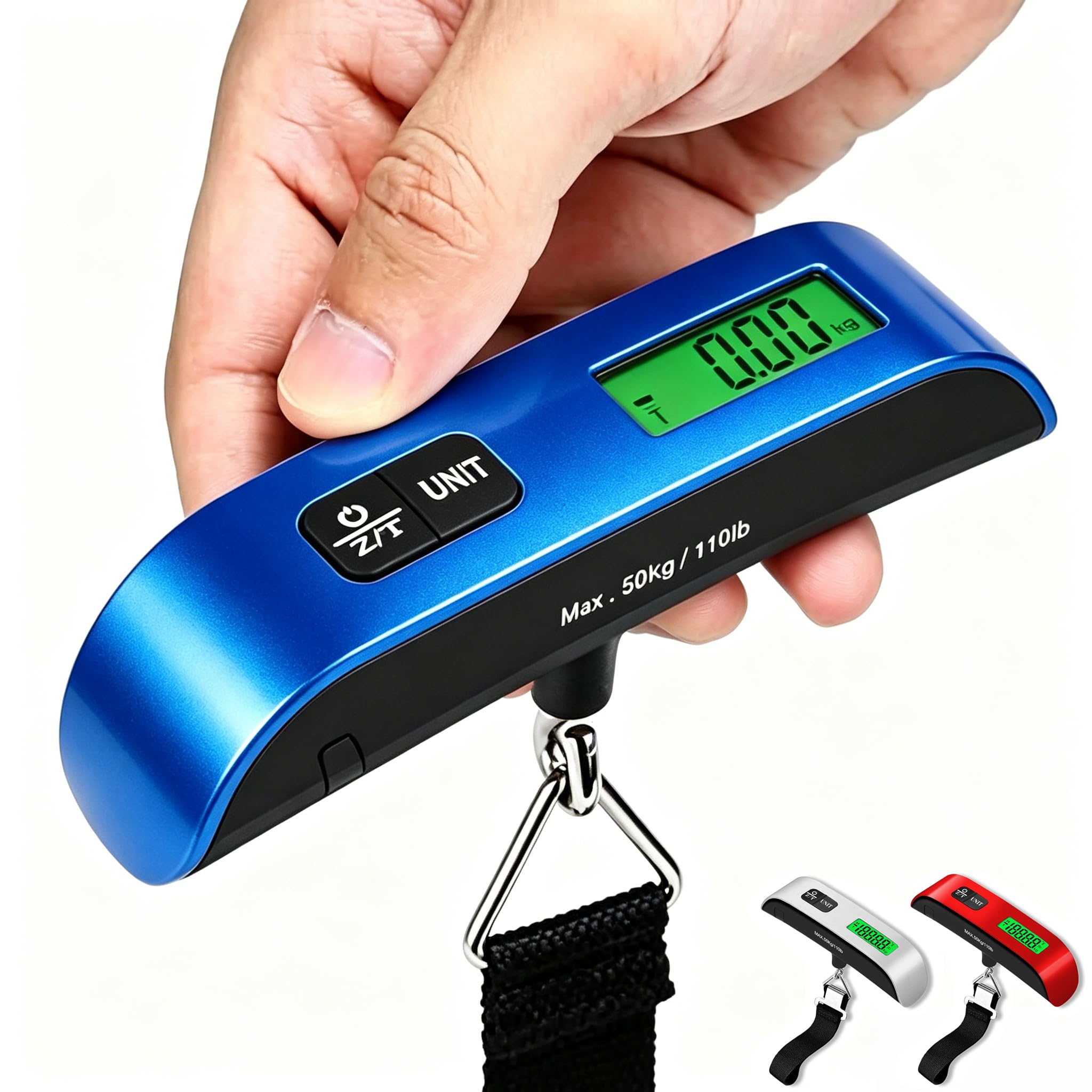 Balança de bagagem, balança digital para acessórios de viagem essenciais, malas, balança portátil com sensor de temperatura, tinta de borracha, 50 kg, bateria não incluída (azul)