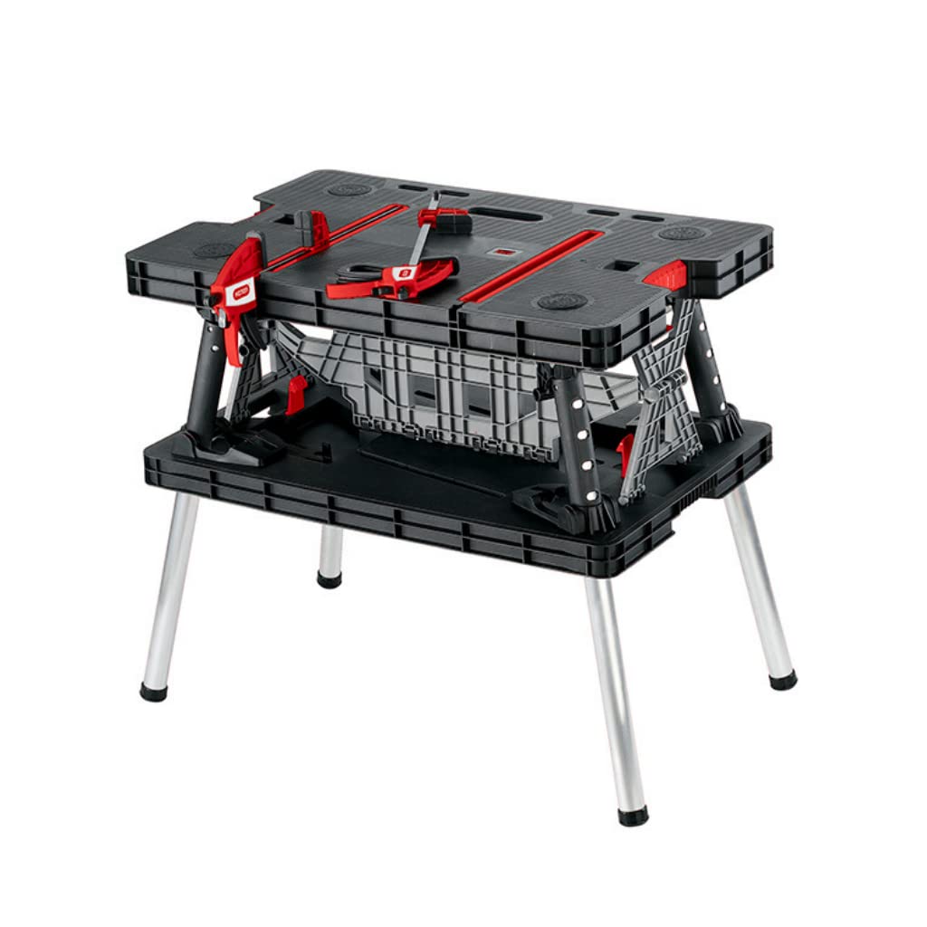 Keter Mesa e Bancada de Trabalho Dobrável Portátil Preta 55x85x11cm | Fácil de Transportar, Polipropileno Resistente às Intempéries, Pés de Alumínio, 2 Grampos de Fixação