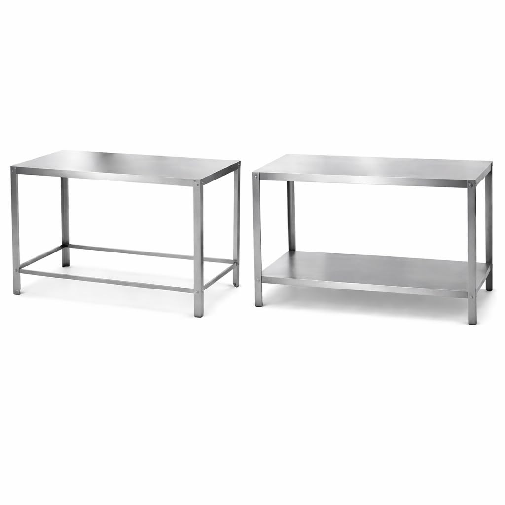 Kit 2 Mesas Bancadas em Aço Inox 304 (Simples + Dupla) 100x50cm – Mesa Industrial Profissional para Cozinha, Restaurante, Padaria e Açougue, Alta Resistência e Fácil Higienização