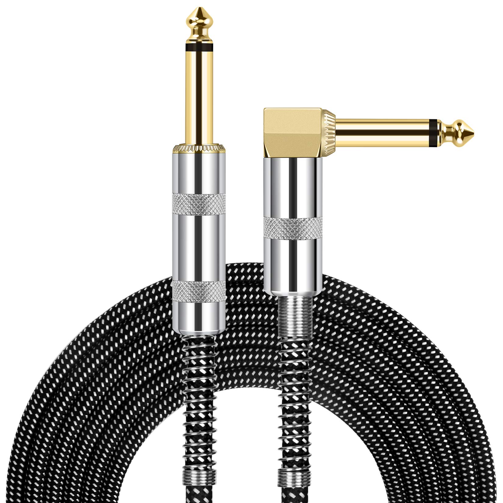 JOLGOO Cabo de guitarra, cabo de 1/4 de polegada 15 pés, ângulo reto para direito 6,35 mm plugue cabo de instrumento teclado baixo, jaqueta de tecido de tweed preto e cinza, bandolim elétrico, áudio