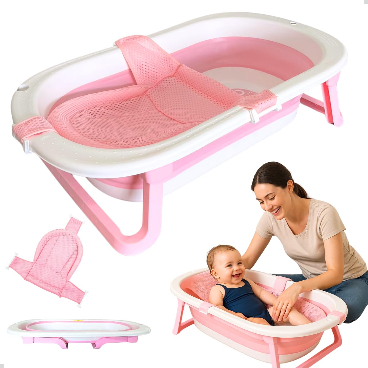 Banheira Bebe Menina Rosa Suporte Dobravel 78x49cm Com Rede