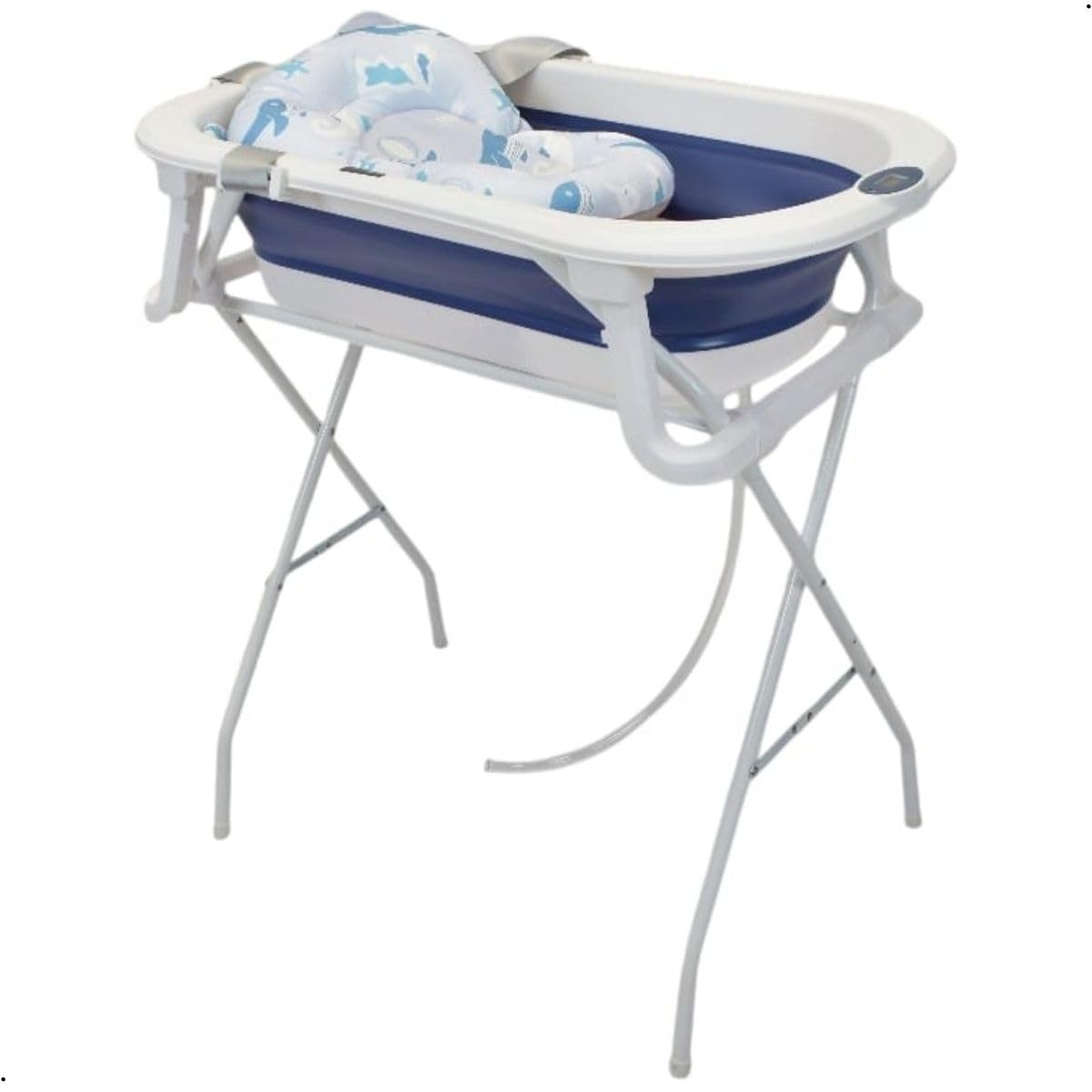 Banheira Bebe Com Suporte Dobravel Almofada Banho Termometro Premium (Azul)