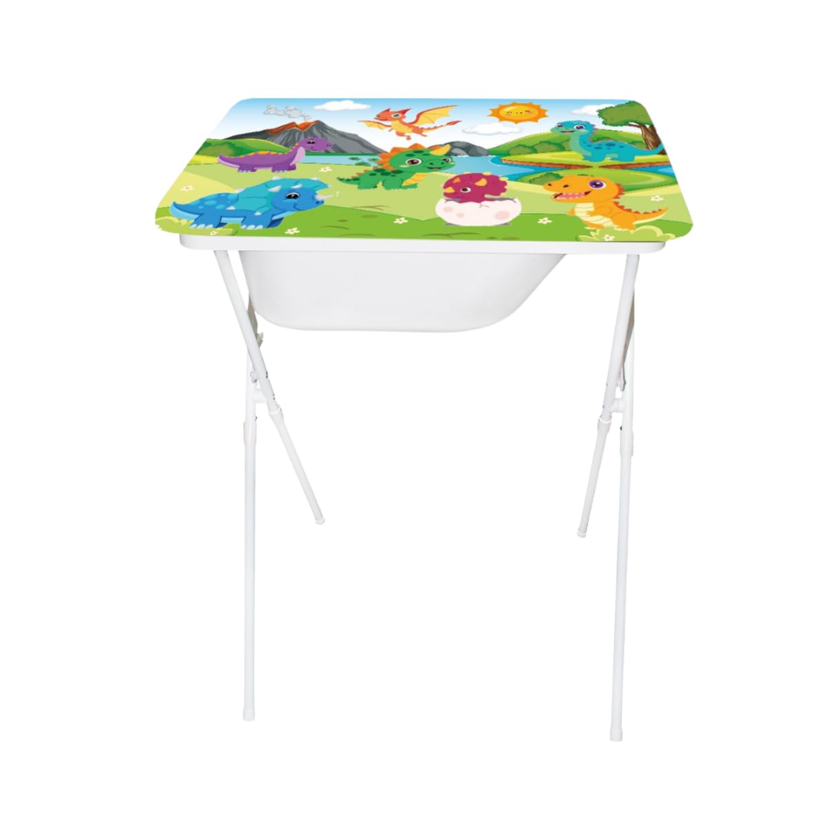 Banheira Infantil com Trocador Família Dino Creative Dobrável até 20kg | Suporte, Mangueira, Saboneteira e Trocador Almofadado – Bebê RN até 1 Ano