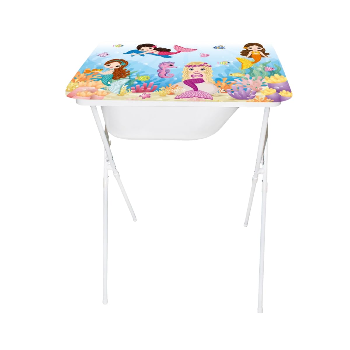 Banheira Infantil com Trocador Sereia Creative Dobrável até 20kg | Suporte, Mangueira, Saboneteira e Trocador Almofadado – Bebê RN até 1 Ano