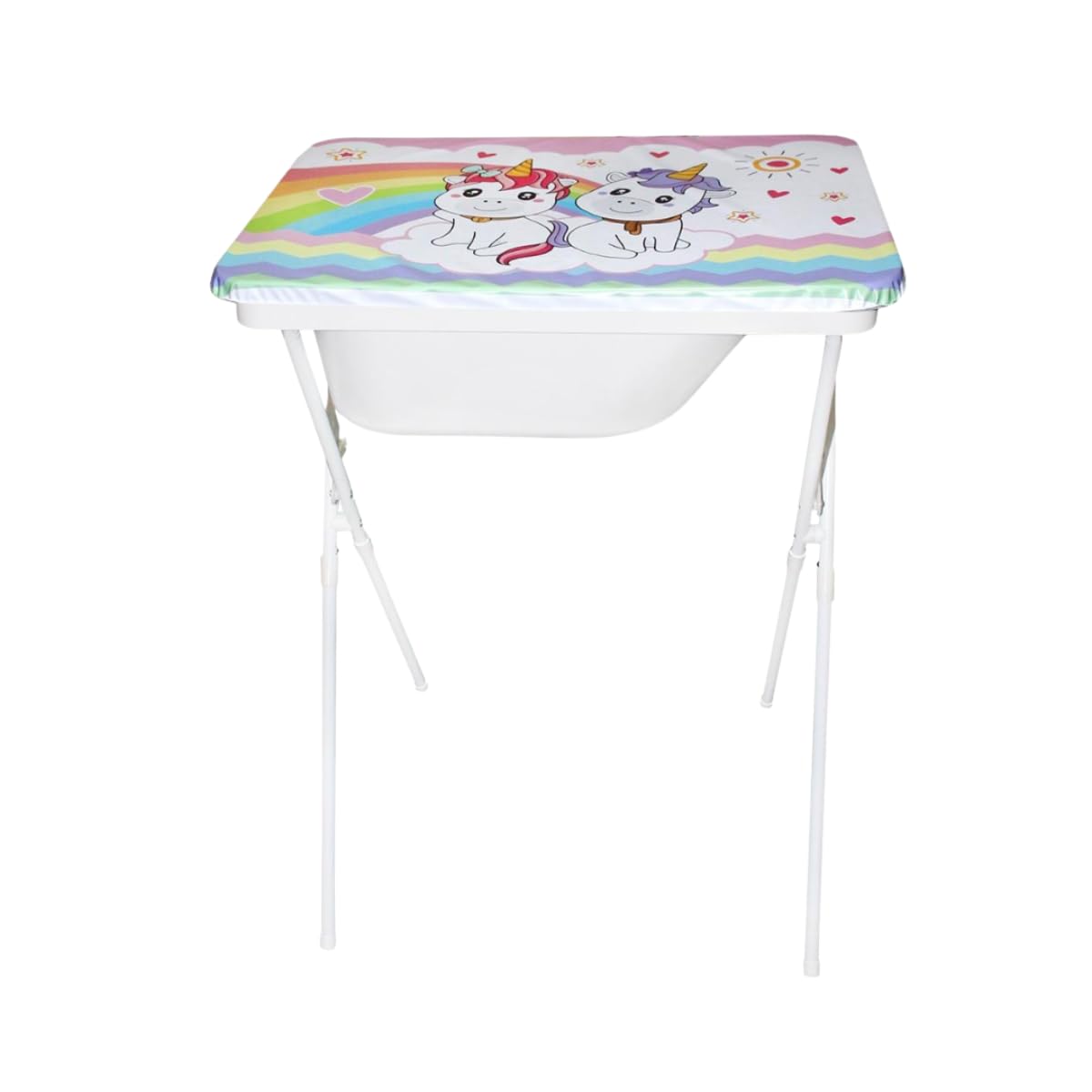 Banheira Infantil com Trocador Unicórnio Creative Dobrável até 20kg | Suporte, Mangueira, Saboneteira e Trocador Almofadado – Bebê RN até 1 Ano