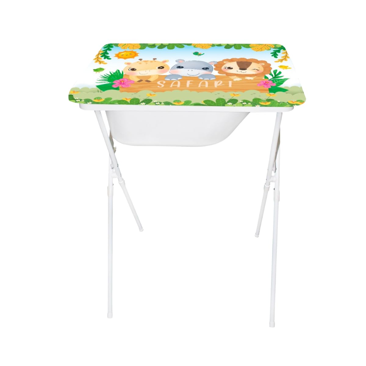 Banheira Infantil com Trocador Safari Creative Dobrável até 20kg | Suporte, Mangueira, Saboneteira e Trocador Almofadado – Bebê RN até 1 Ano