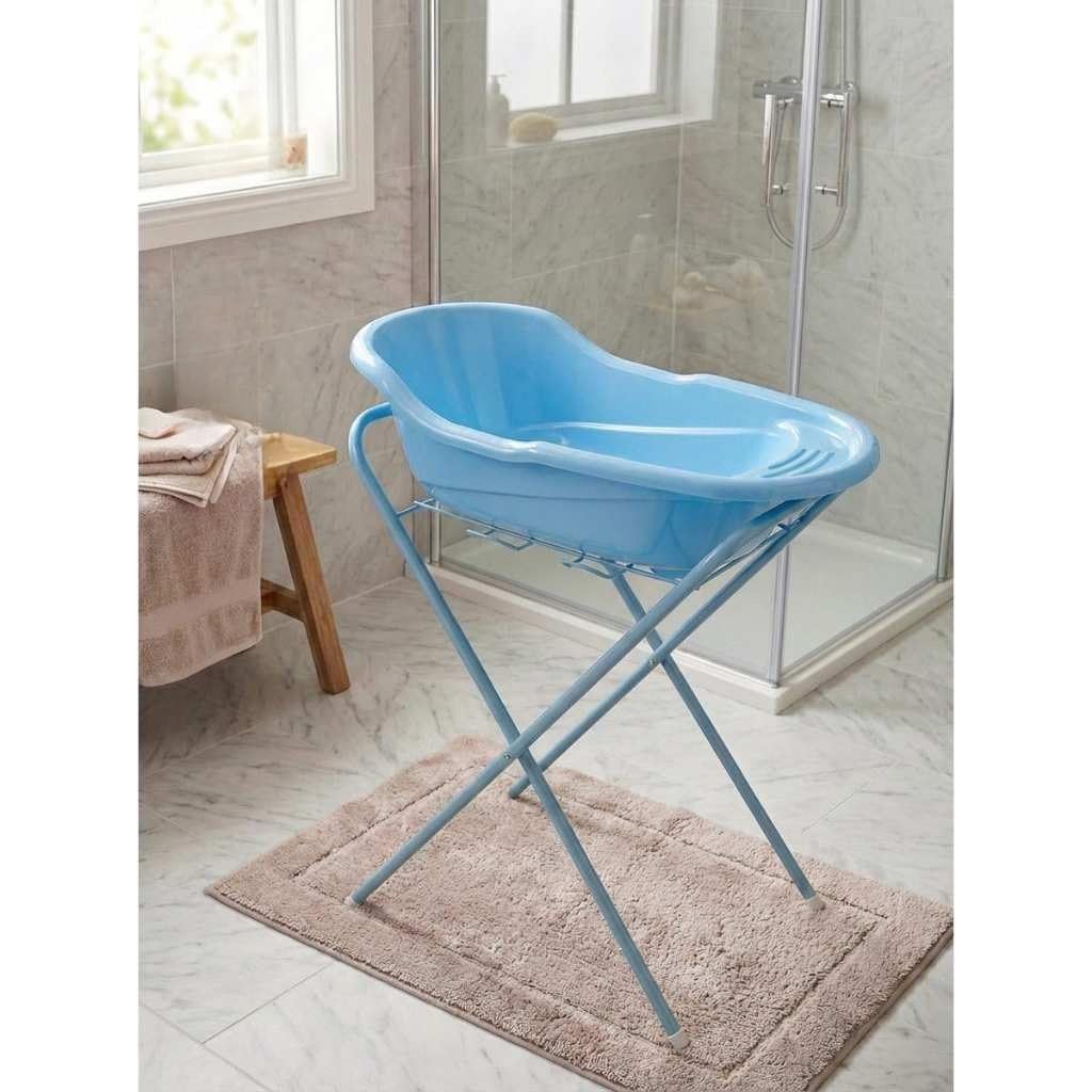 Banheira de com Suporte Retrátil Dobrável Até 18kg 20 Litros com Válvula de Drenagem e Saboneteira(Azul)