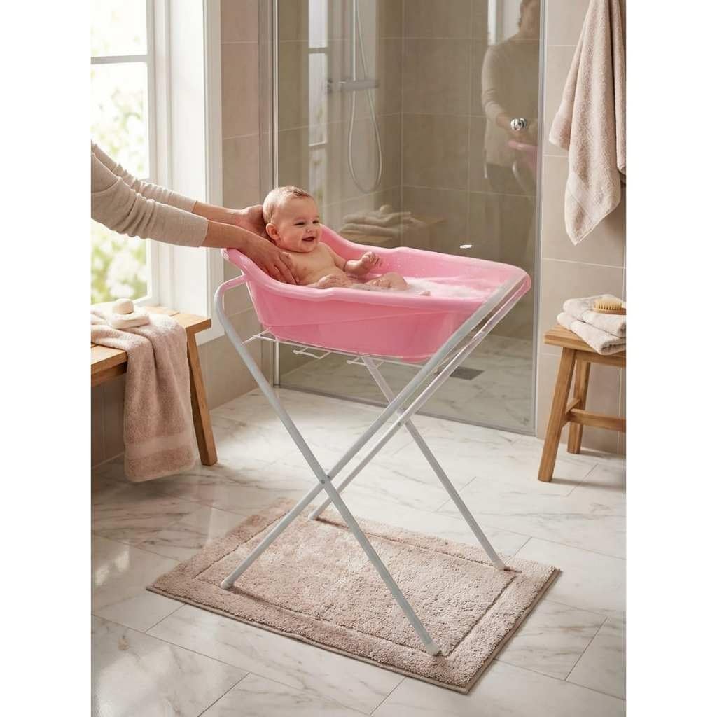 Banheira de com Suporte Retrátil Dobrável Até 18kg 20 Litros com Válvula de Drenagem e Saboneteira(Branco + Banheira Rosa)