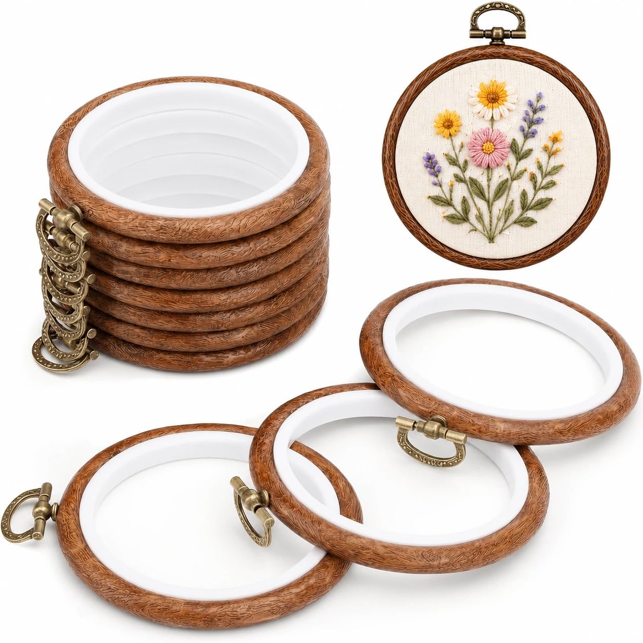 TSV Conjunto De 10 Bastidores De Bordado, Pequenos Bastidores Redondos De 7,6 Cm (3 Polegadas), Aros De Borracha Para Ponto Cruz, Molduras Imitando Bordados, Para Artesanato E Costura.