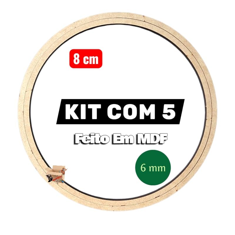 kit 5 Bastidor Em Madeira Mdf Cru 6 mm Moldura Bordado Crochê - RafaBox (Kit 5 Un - 8cm Redondo)