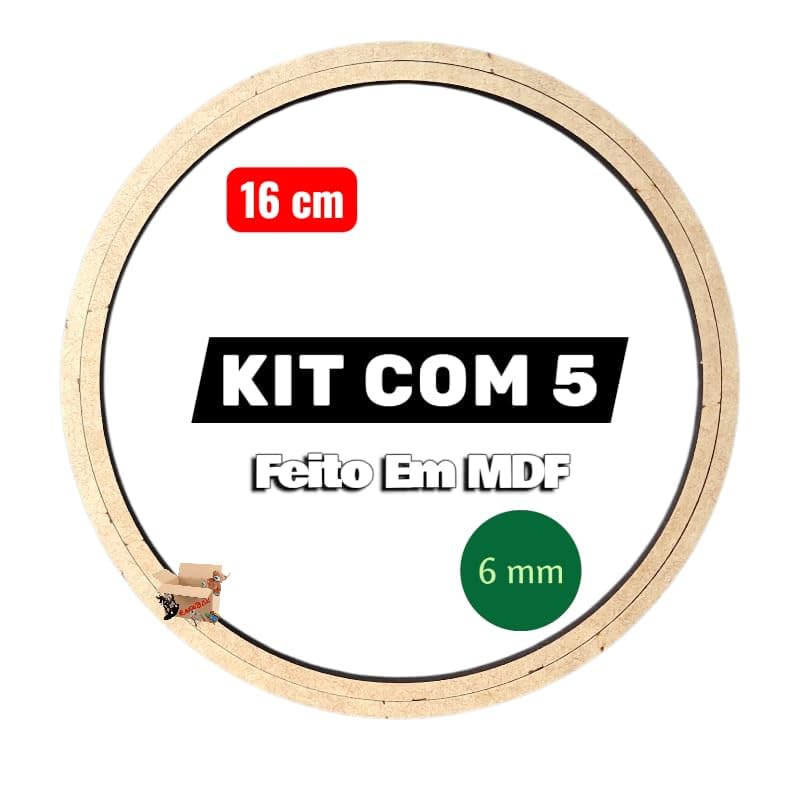kit 5 Bastidor Em Madeira Mdf Cru 6 mm Moldura Bordado Crochê - RafaBox (Kit 5 Un - 16cm Redondo)