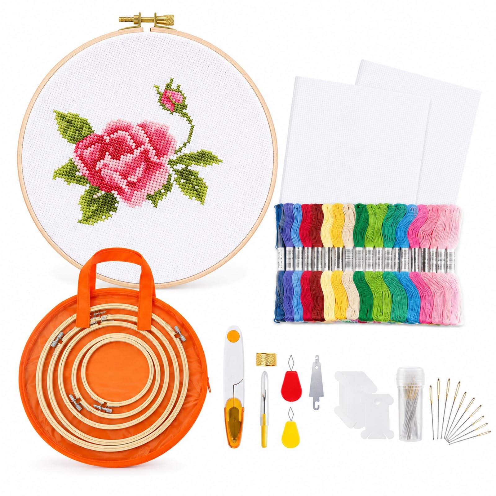 ACESSORIOS PARA PATCHWORK Kit de Bordado Manual Ponto Cruz para Iniciantes com 50 Cores, 5 Bastidores de Bambu e Tecidos
