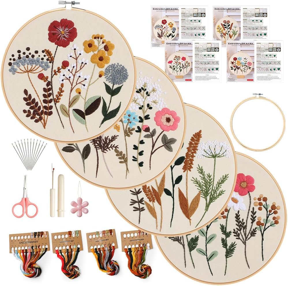 Amofatia Kit Bordado DIY 4 Padrões Flores Plantas, Bastidor Bambu 20cm, Tecido Estampado (Multicolorido)