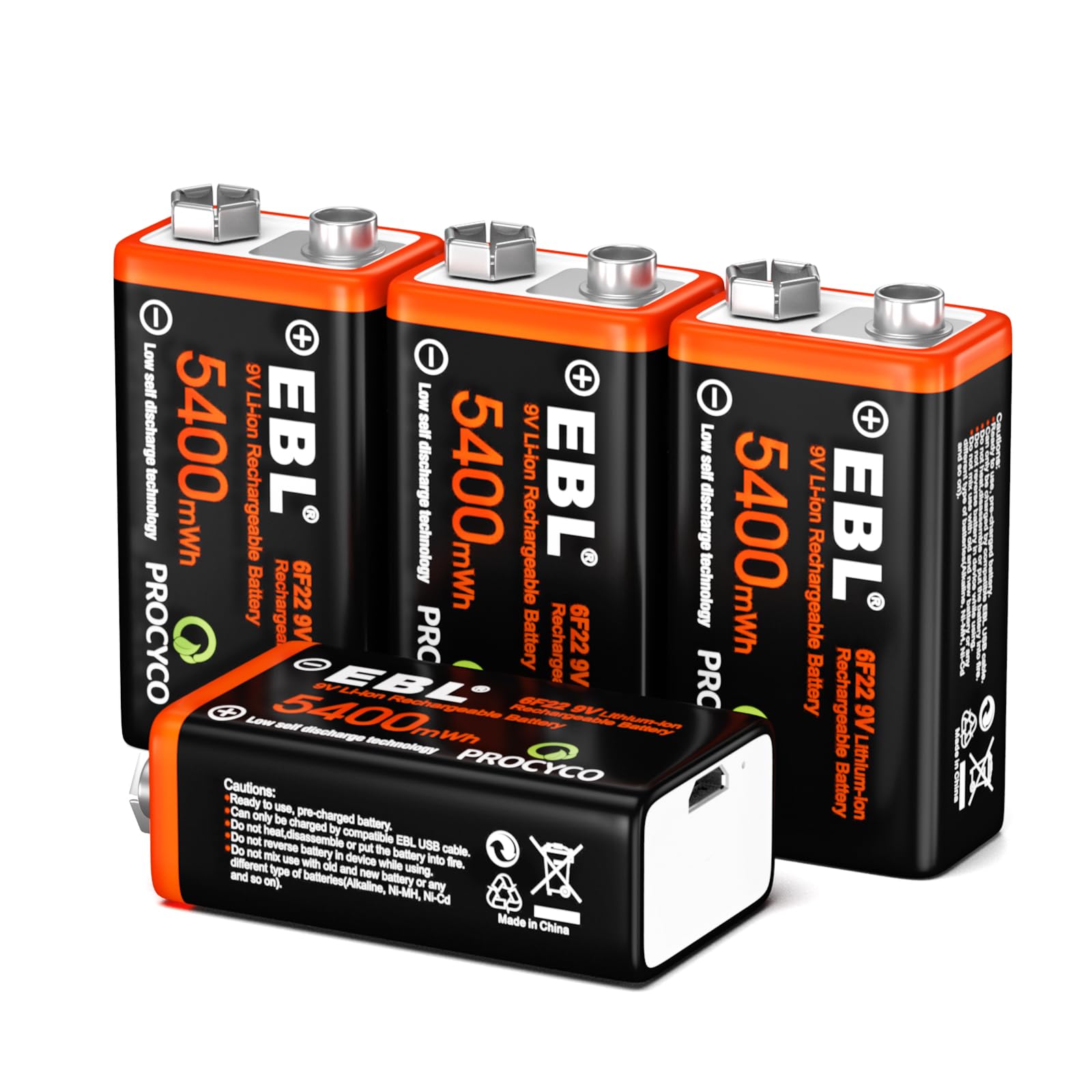 EBL Baterias de lítio recarregáveis USB de 9V - Baterias de íon de lítio de 5400 mWh de longa duração com cabo de carregamento micro - Carga rápida em 2 horas (pacote com 4)