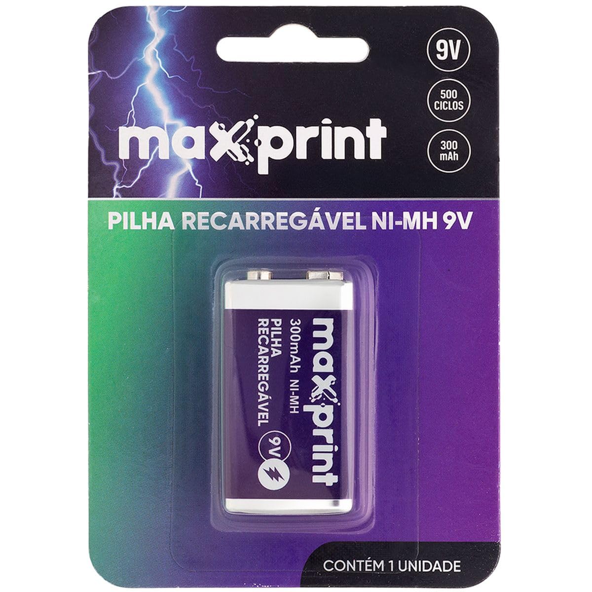Pilha Recarregável, Maxprint, Bateria, 9V, 300 mAh