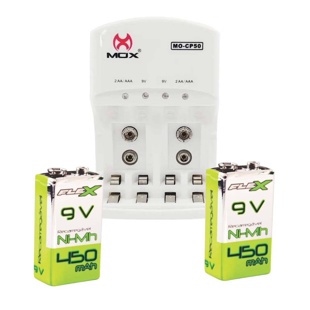 Bateria 9V Recarregável, 450mAh, 2 Unidades com Carregador Automático Rápido