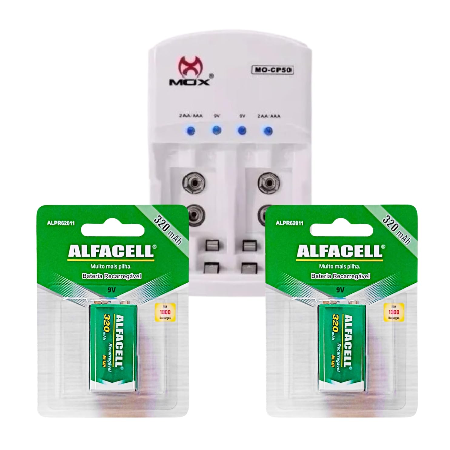 Kit Carregador Bivolt Mais 2 Baterias 9v Recarregavel Pilha Retangular