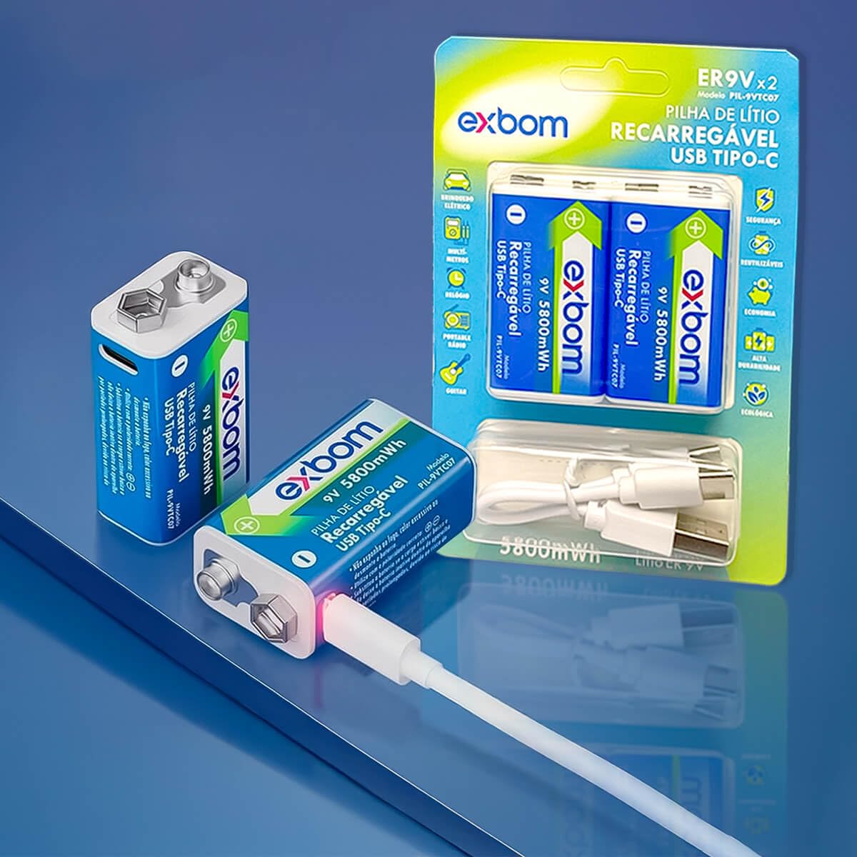 Kit Com 2 Baterias Recarregáveis 9V de 650mAh/5800mWh - Não Precisa de Carregador!! Carregamento Direto na Bateria via Cabo USB-C e Cada Bateria Possui LED Indicador de Carga