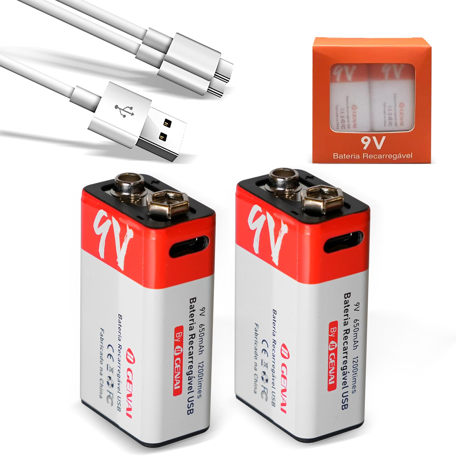 Bateria 9V Bateria Recarregável para Casa Pilha 650mAh, USB-C, 2 Unidade Bateria