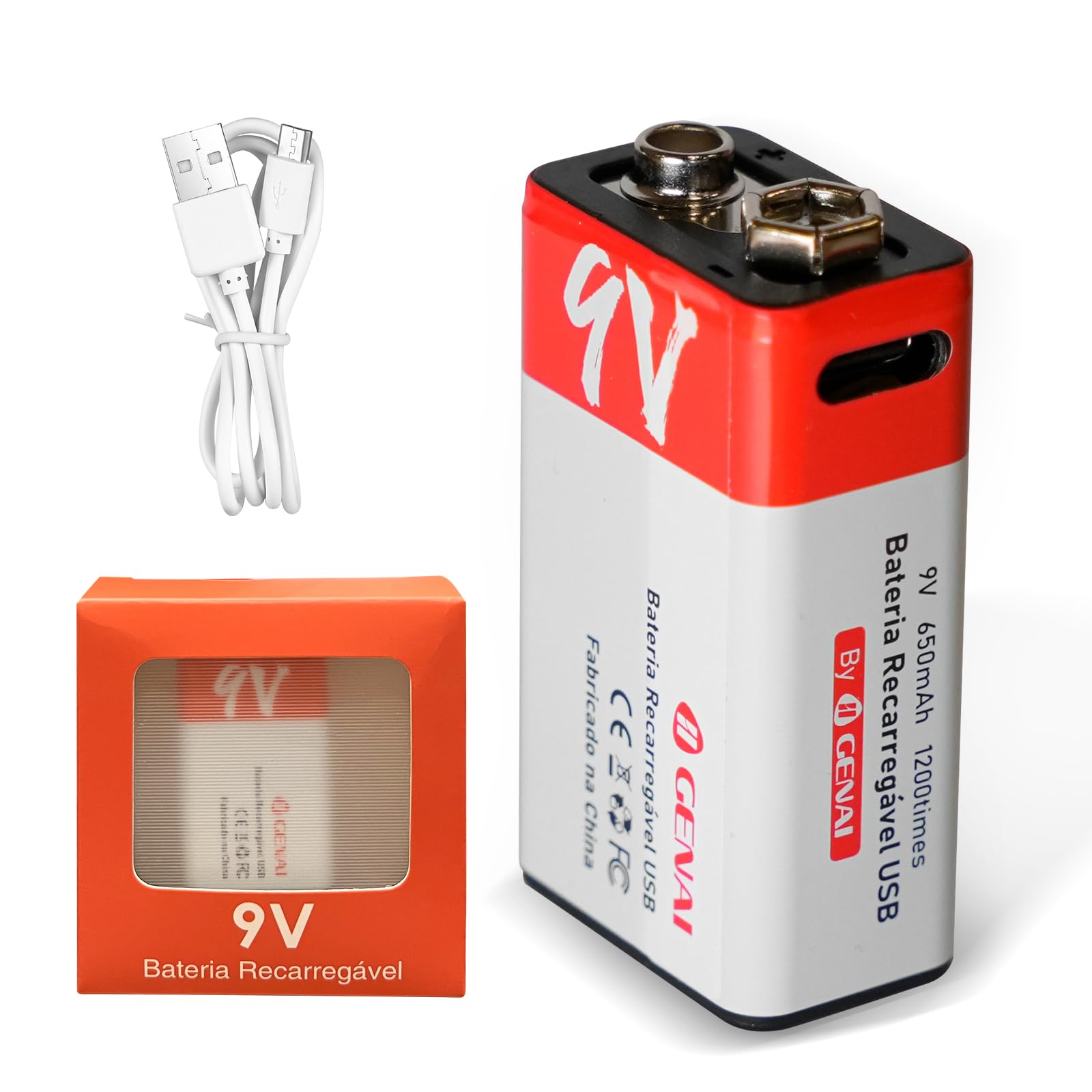 Bateria 9V Bateria Recarregável para Casa Pilha 650mAh, USB-C, 1 Unidade Bateria