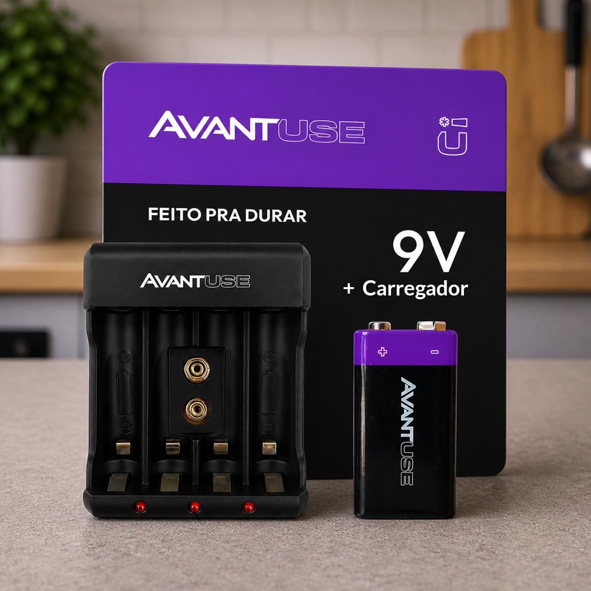Kit 1 Bateria 9V Recarregável + Carregador Rápido Bivolt 408261012-1-9V Avant Use