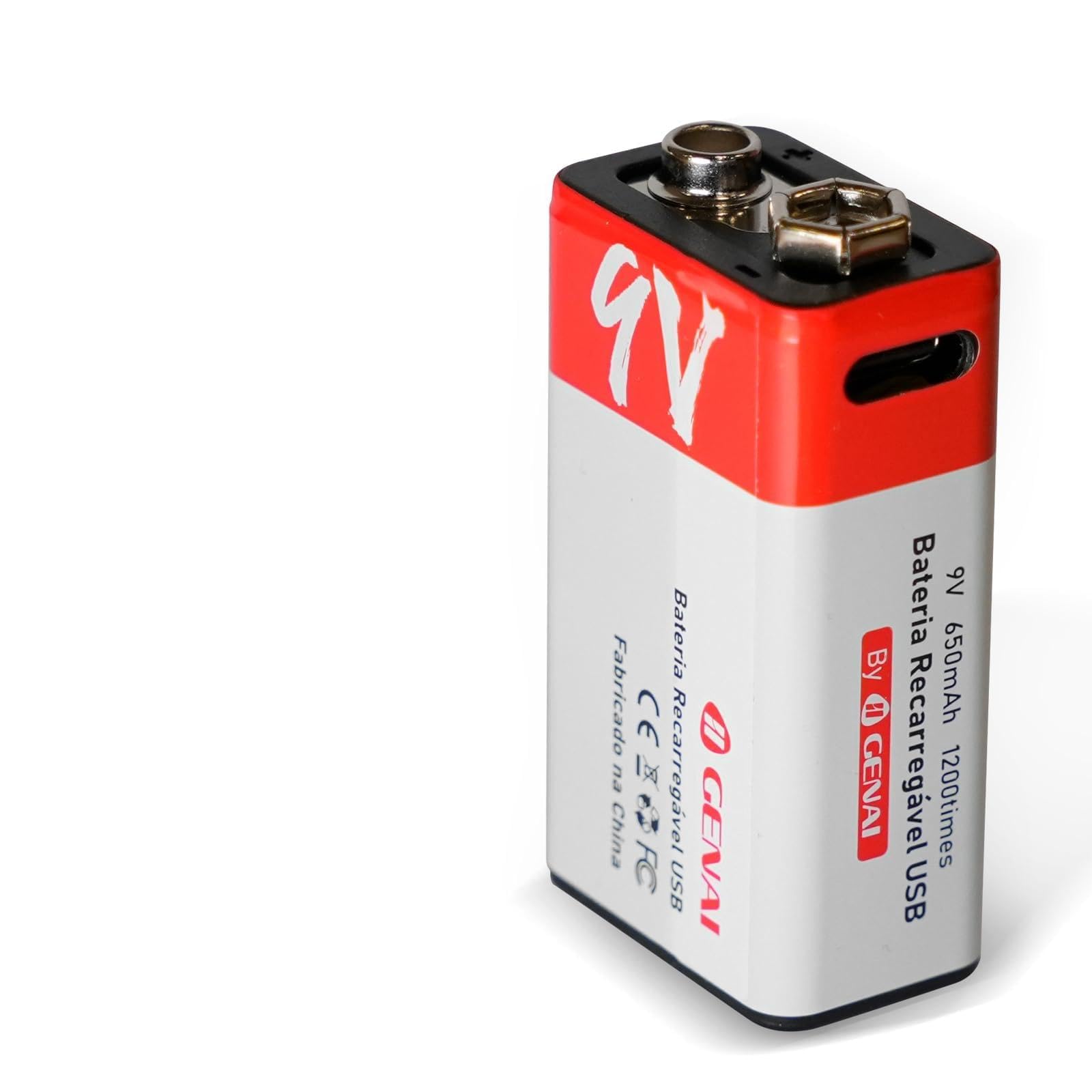 Pilha 9V Recarregável 650mAh, Bateria de Lítio com USB Tipo C, 1200 Ciclos, Carregamento Rápido 2h, para Microfone, Detector de Fumaça e Brinquedos (1 Peças)