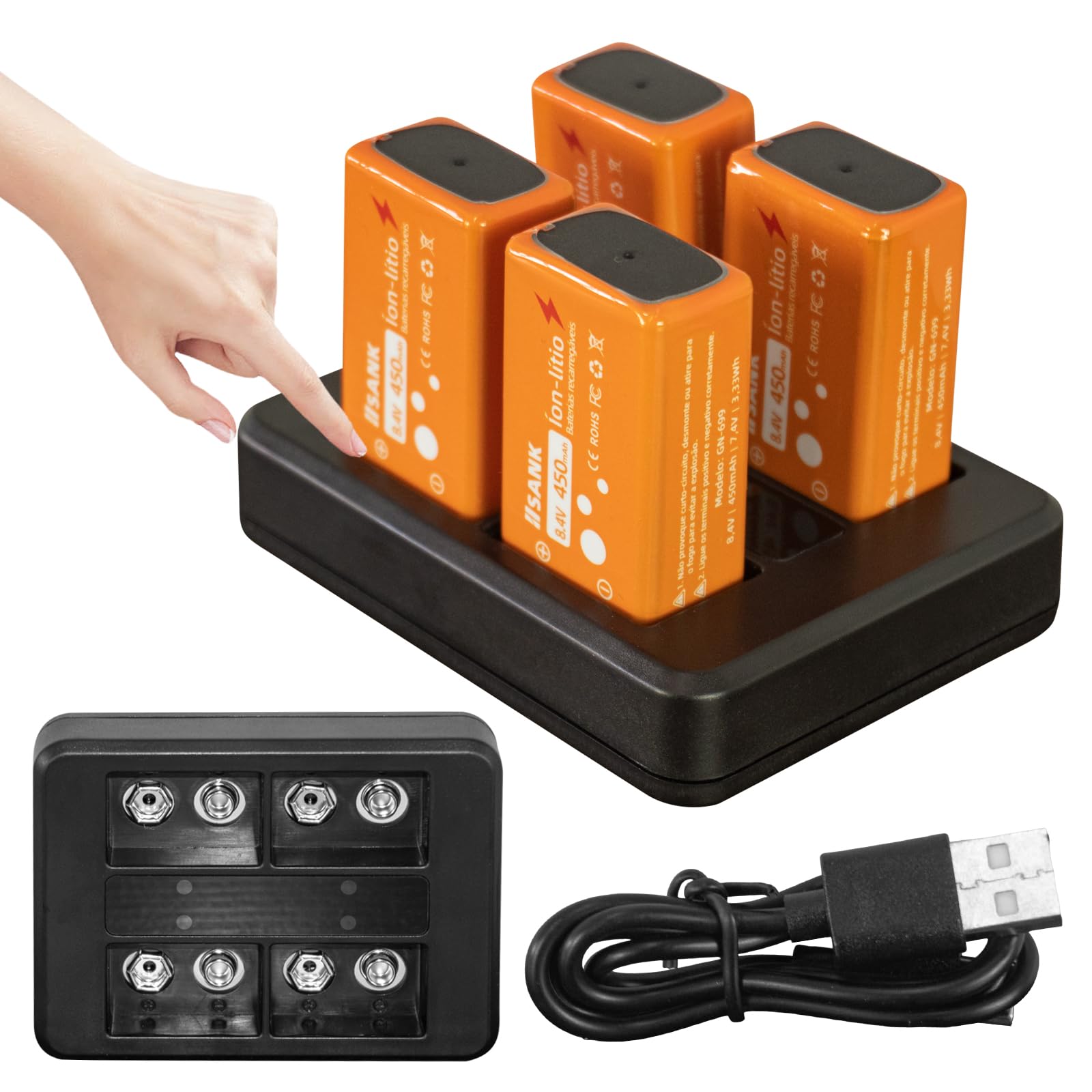 Carregador e Bateria 9V-D Recarregável, 450mAh, 4 Unidades com Base de Carregamento, Saída 8.4V 0.45A, paraControles e Equipamentos Eletrônicos