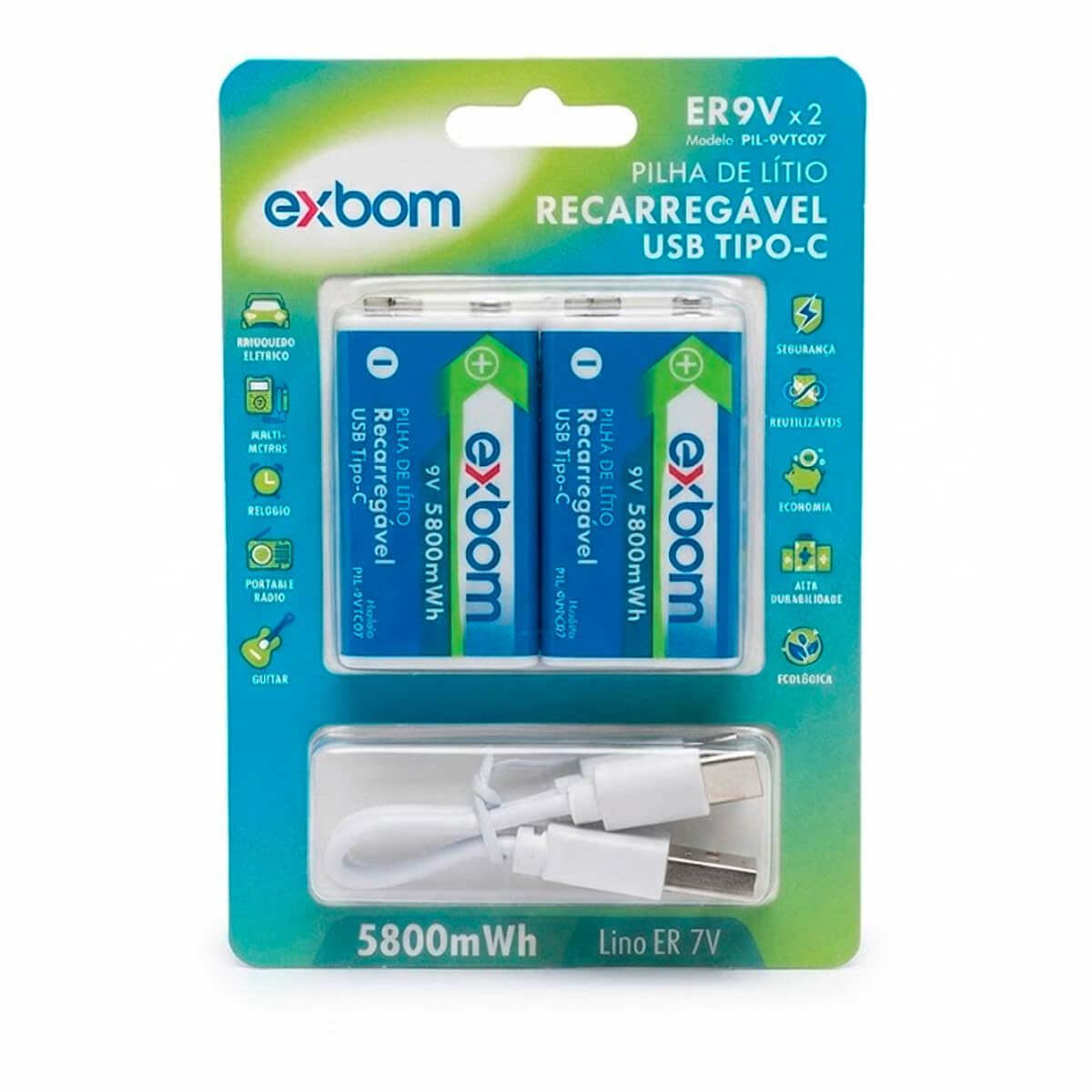 Kit 2 Baterias 9V Recarregável Rápido USB Tipo-C, 5800mWh para Microfones, Brinquedos e Dispositivos