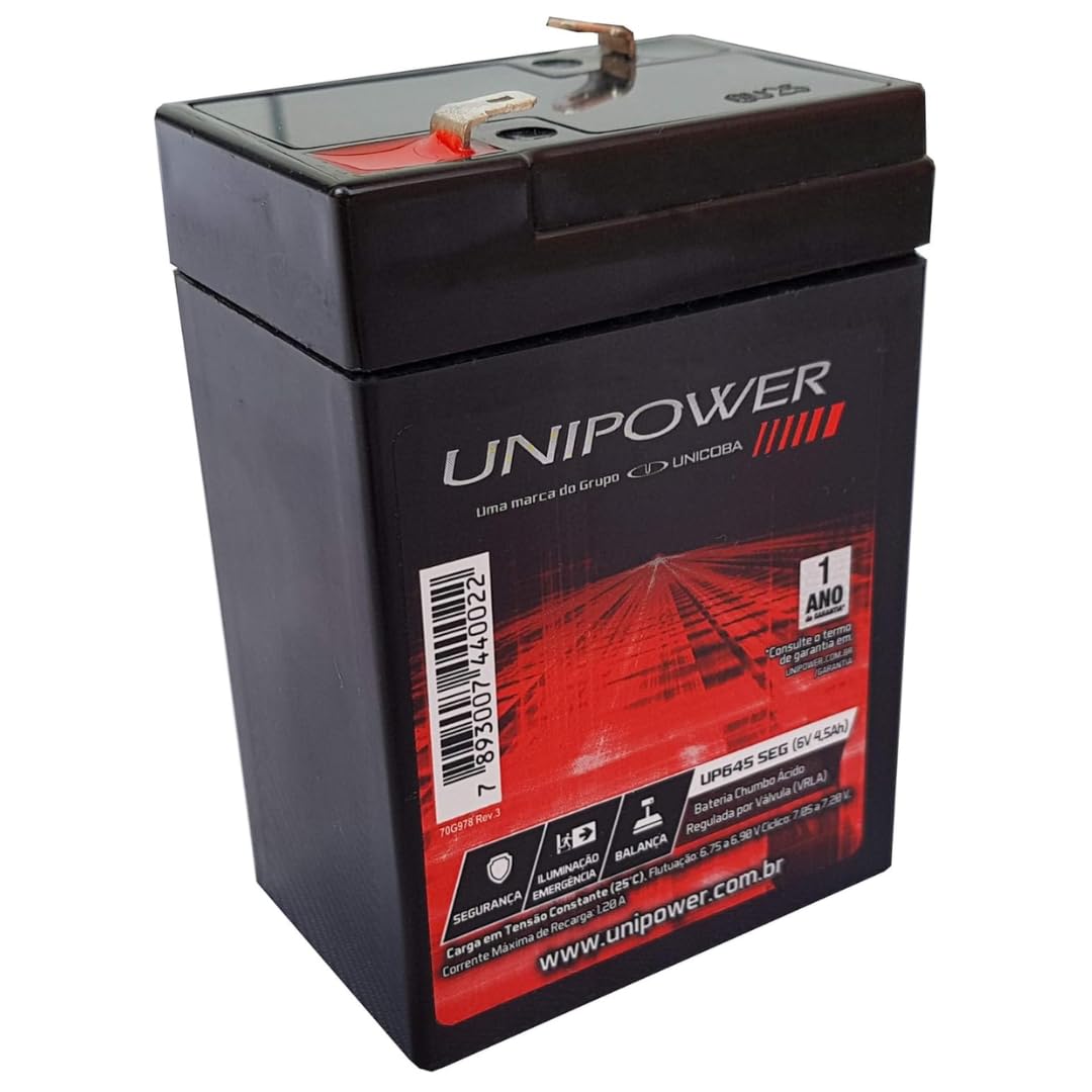 Bateria Selada Estacionária VRLA 6V 4,5Ah Unipower UP645SEG Alarme Brinquedo Luz