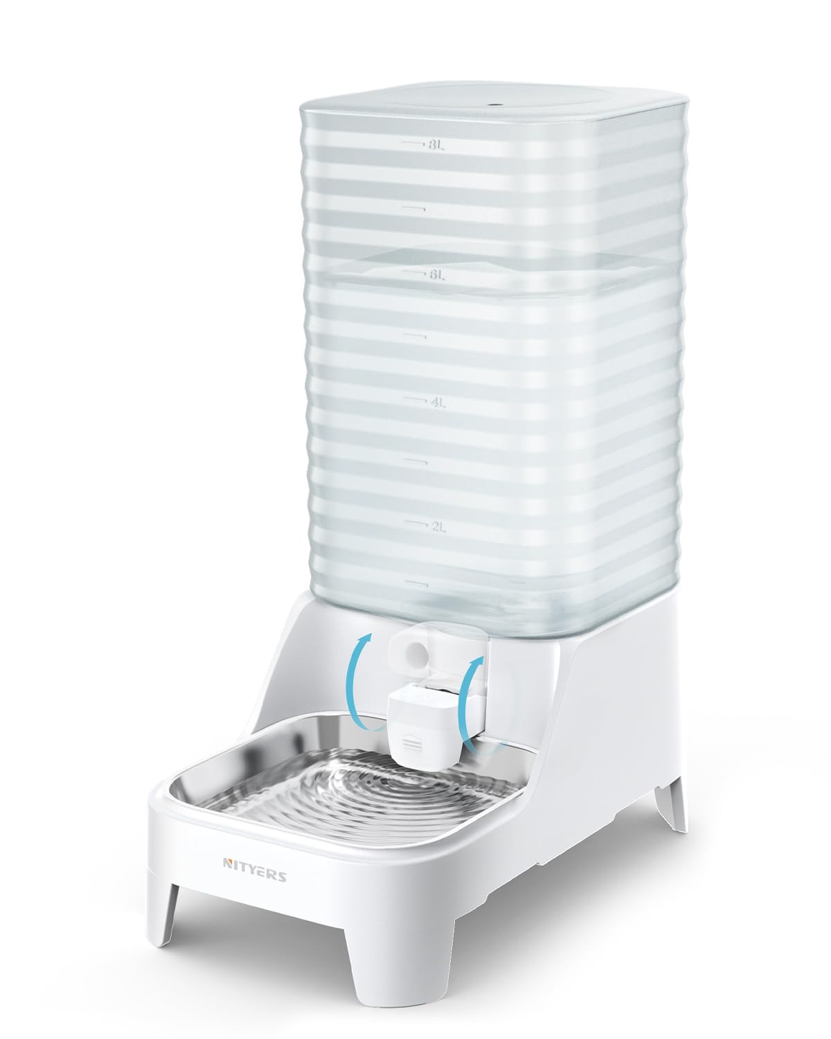 Dispensador automático de tigela de água para cães com torneira patenteada – Dispensador de água para gatos por gravidade 8L com filtro e base ajustável, boca larga para limpeza fácil, bebedouro de