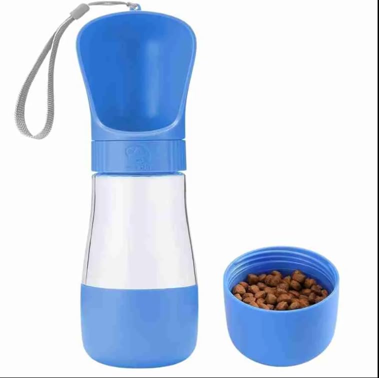 Garrafa Bebedouro Portátil para Pets 2 em 1 Água e Ração Dispenser para Cães e Gatos Garrafa de Viagem com Trava Anti Vazamento Capacidade 320ml + 170ml