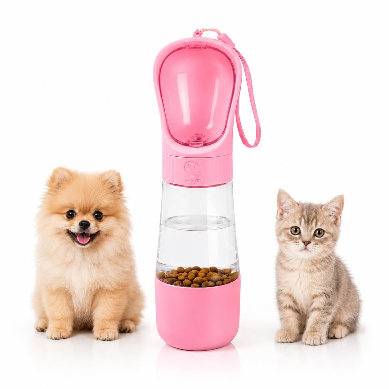Garrafa Bebedouro Comedouro Portátil 2 em 1 para Cães e Gatos | Dispenser Água e Ração para Passeio e Viagem | Anti Vazamento 330ml Rosa