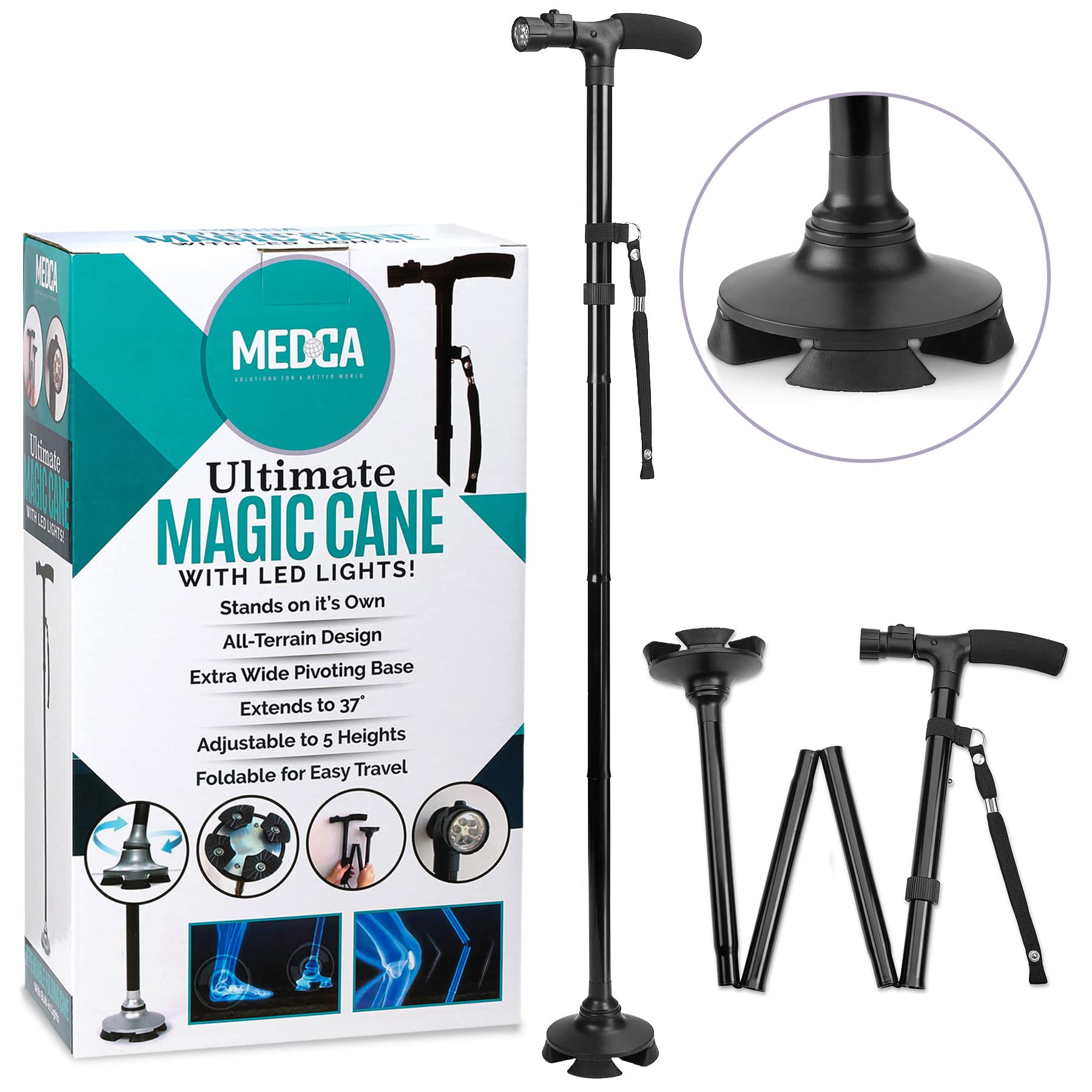 MEDca Bengala de caminhada com luz LED – bengalas dobráveis ajustáveis de 93 cm e bengalas, bengalas dobráveis de mobilidade diária com pés de borracha para homens e mulheres, preto