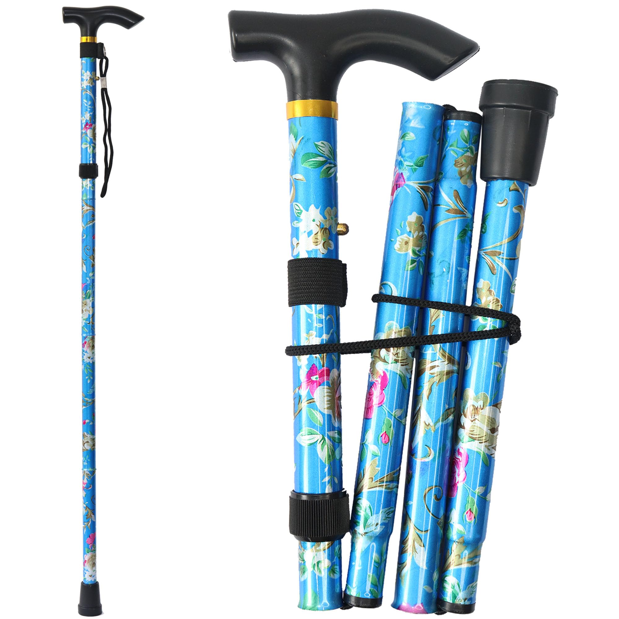 Bengalas Dobráveis De 5 Níveis, Bengala Leve, Ajustável E De Alumínio Para Idosos, Homens E Mulheres Adultos, Bengala Portátil, Alça Ergonômica Com Rodas, Novo Padrão Floral (Azul Floral)
