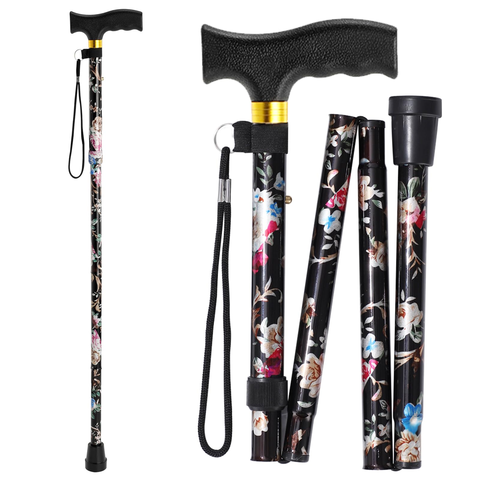 Bengala de caminhada, bengala para homem/mulher | Auxiliares de mobilidade e vida diária | Bengala ajustável de 5 níveis de altura | Bengala dobrável portátil com alça em T de plástico confortável
