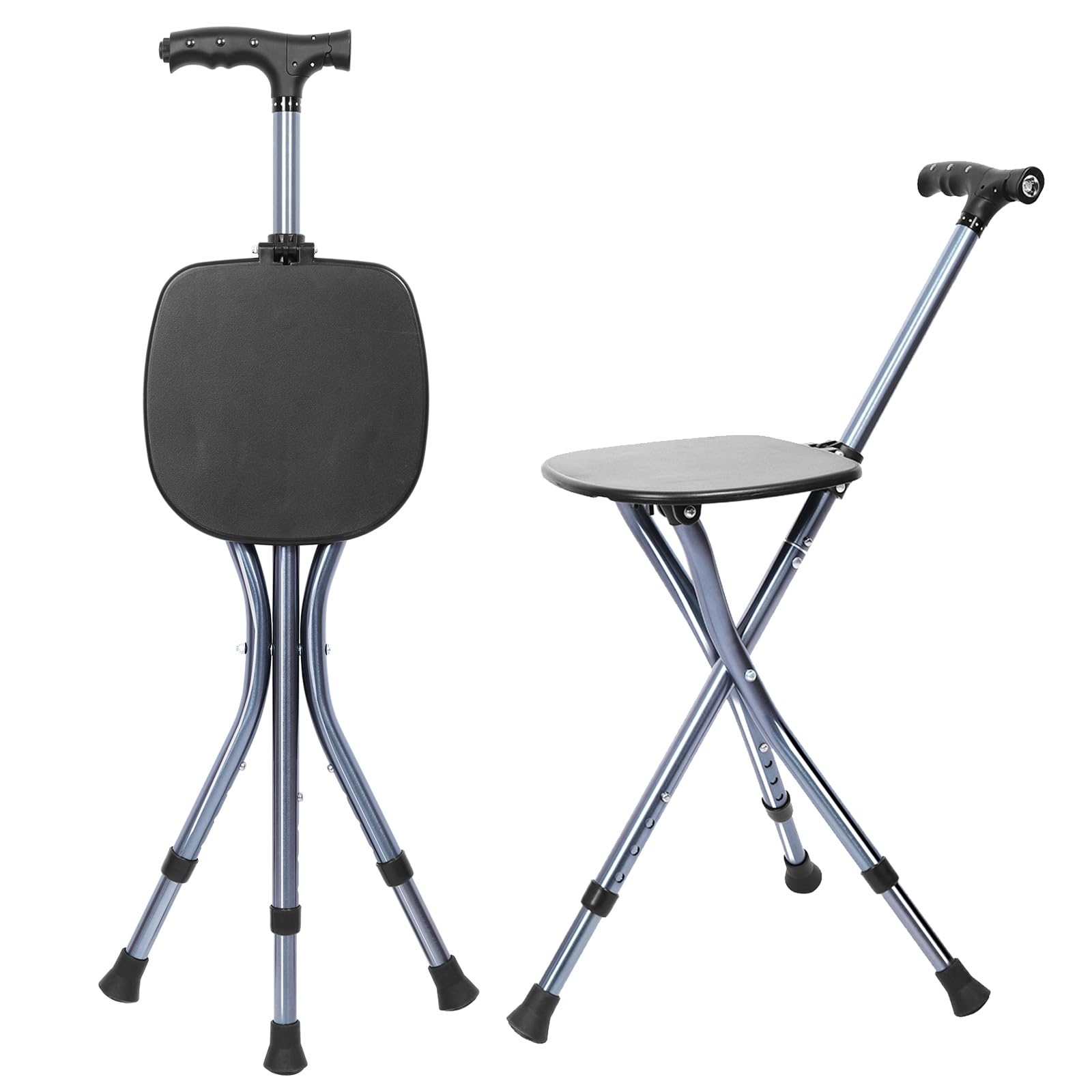 ENLUNTRA Bengala de caminhada dobrável portátil ajustável com assento, assento de bengala para idosos com alça de massagem magnética e LED, suporta até 150 kg