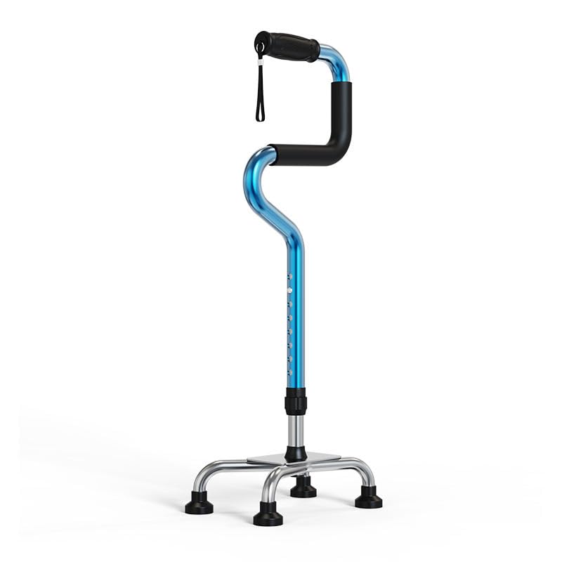 Bengala 4 Pontas de Alumínio Anodizado Azul, Punho Ergonômico, Regulagem de 78 a 95,5 cm, Suporte até 100 kg