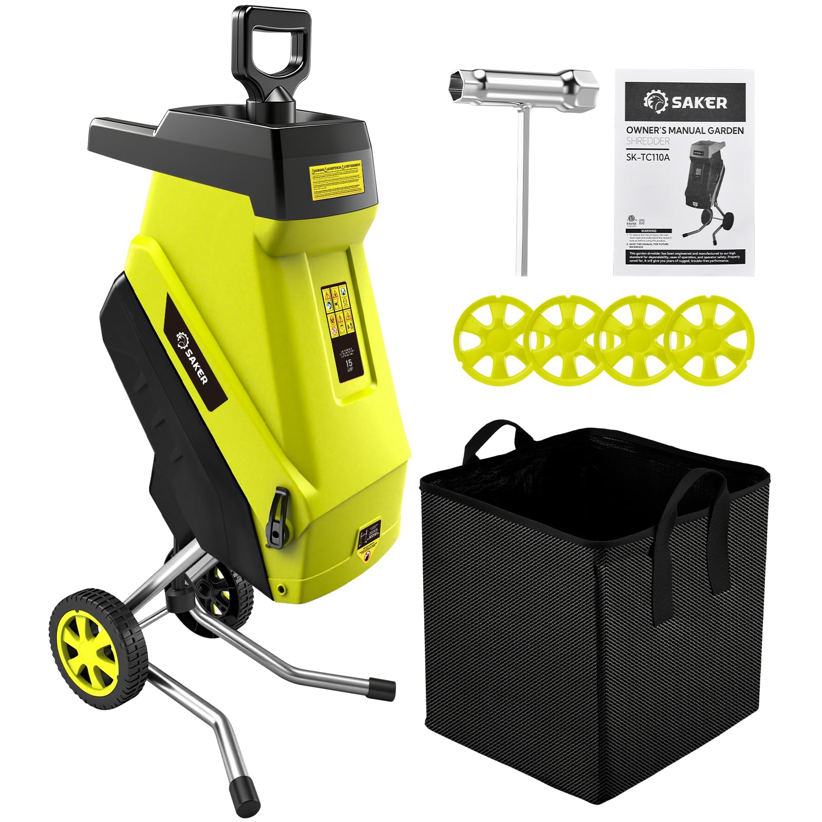 Saker Triturador elétrico de madeira com fio de 15 Amp | Corte de 4,6 cm com saco de coleta, lâmina dupla face para cortar galhos, recortes, detritos de quintal SK-TC110A