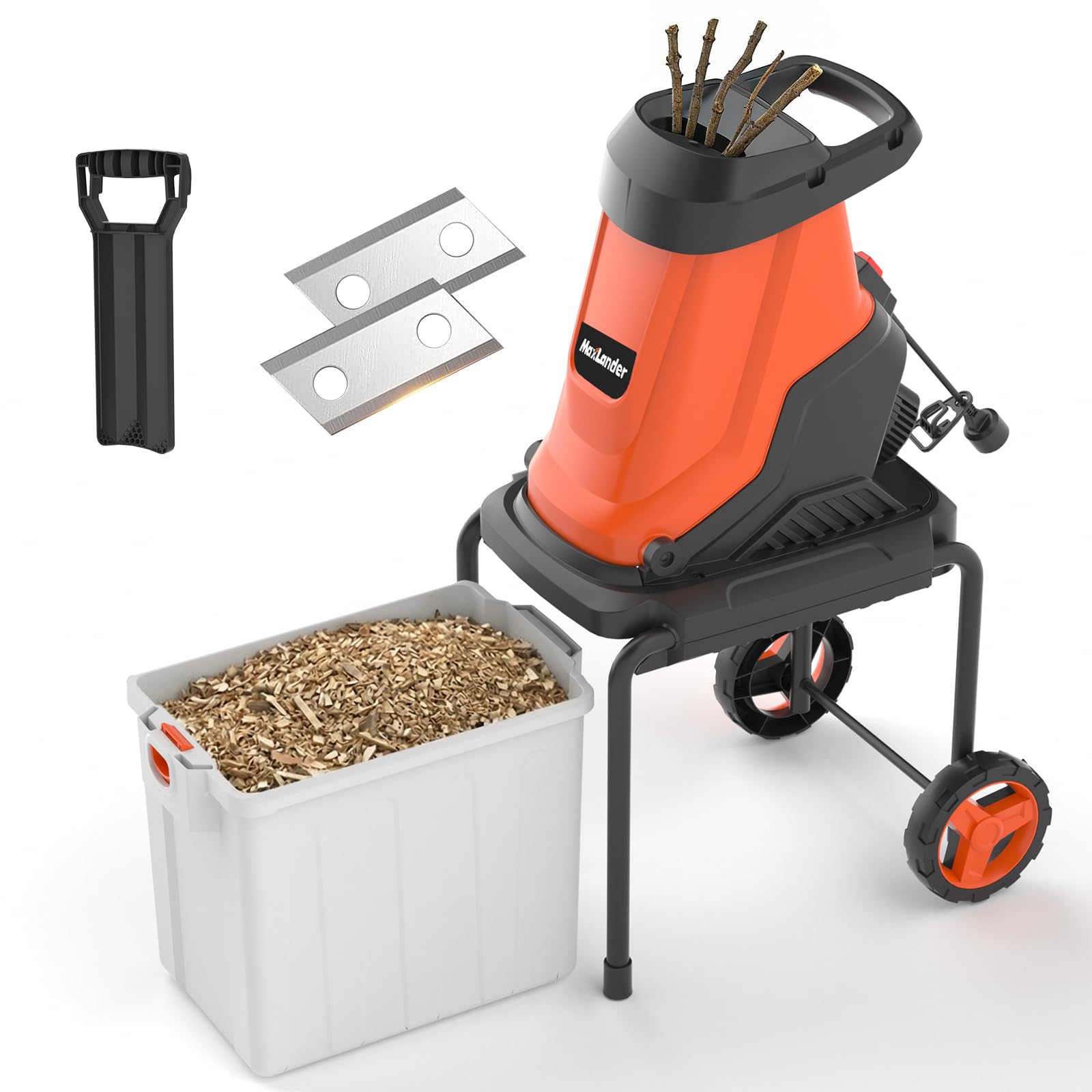 MAXLANDER Triturador elétrico de madeira de 15 Amp com caixa de coleta de 50 L | Capacidade de corte de 4 cm, proporção de redução de 15:1 para resíduos de quintal, galhos e compostagem