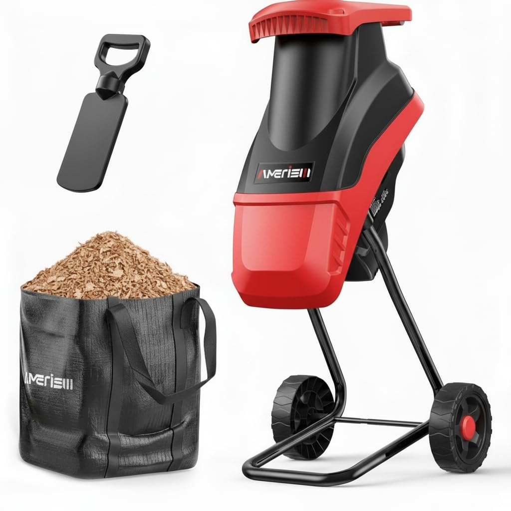 AMERISUN Triturador elétrico de madeira, triturador de folhas de 15 Amp, 4200 RPM com capacidade de ramo de 4,75 cm, triturador portátil de resíduos de quintal com saco de coleta de 50L para limpeza